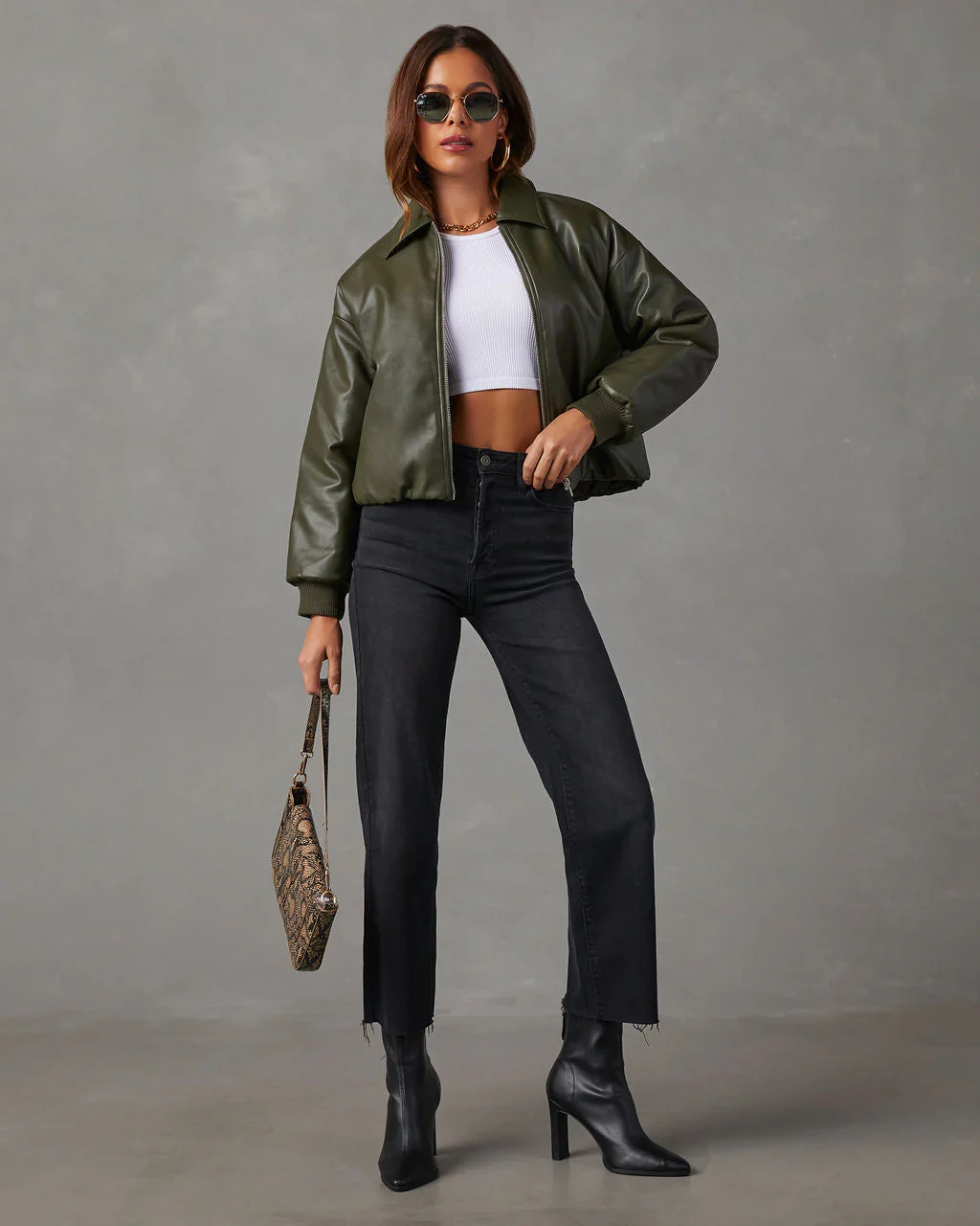 Miles Collared Faux Leather Bomber Jacket