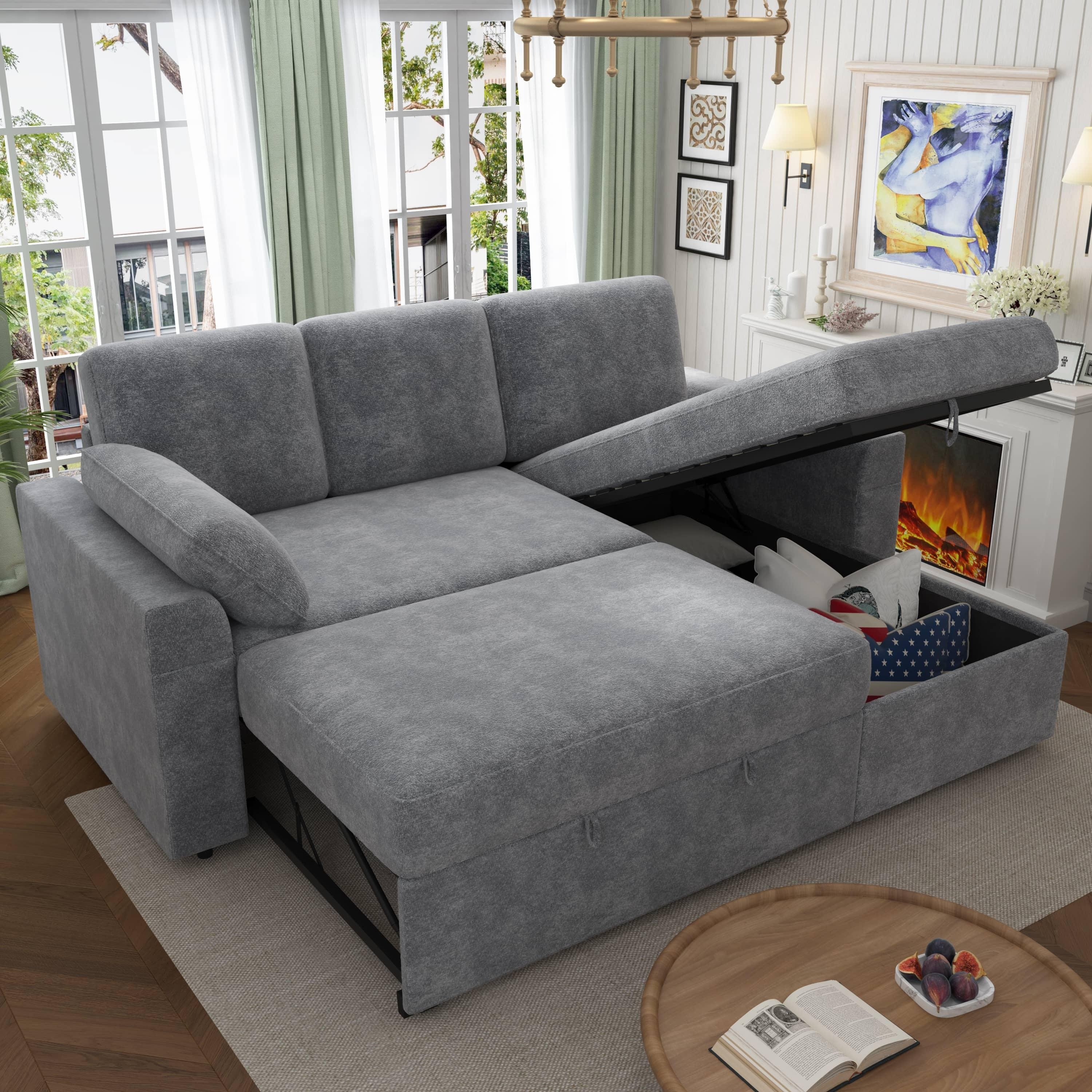 91inch Combination sofa bed with storage, modern convertible sleeper sofa, 2-in-1 pull-out sofa bed with storage, living room sofa bed