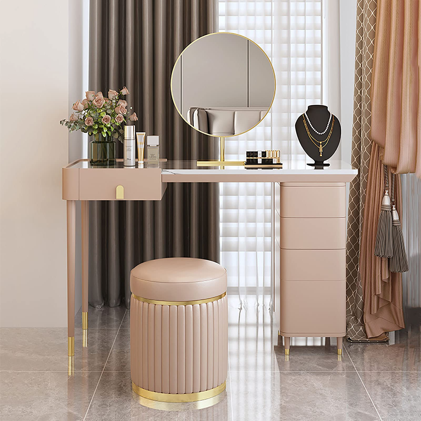 Light Luxury Vanity Set, Makeup Dressing Table with Mirror, 5 Large Drawers & Cushioned Stool