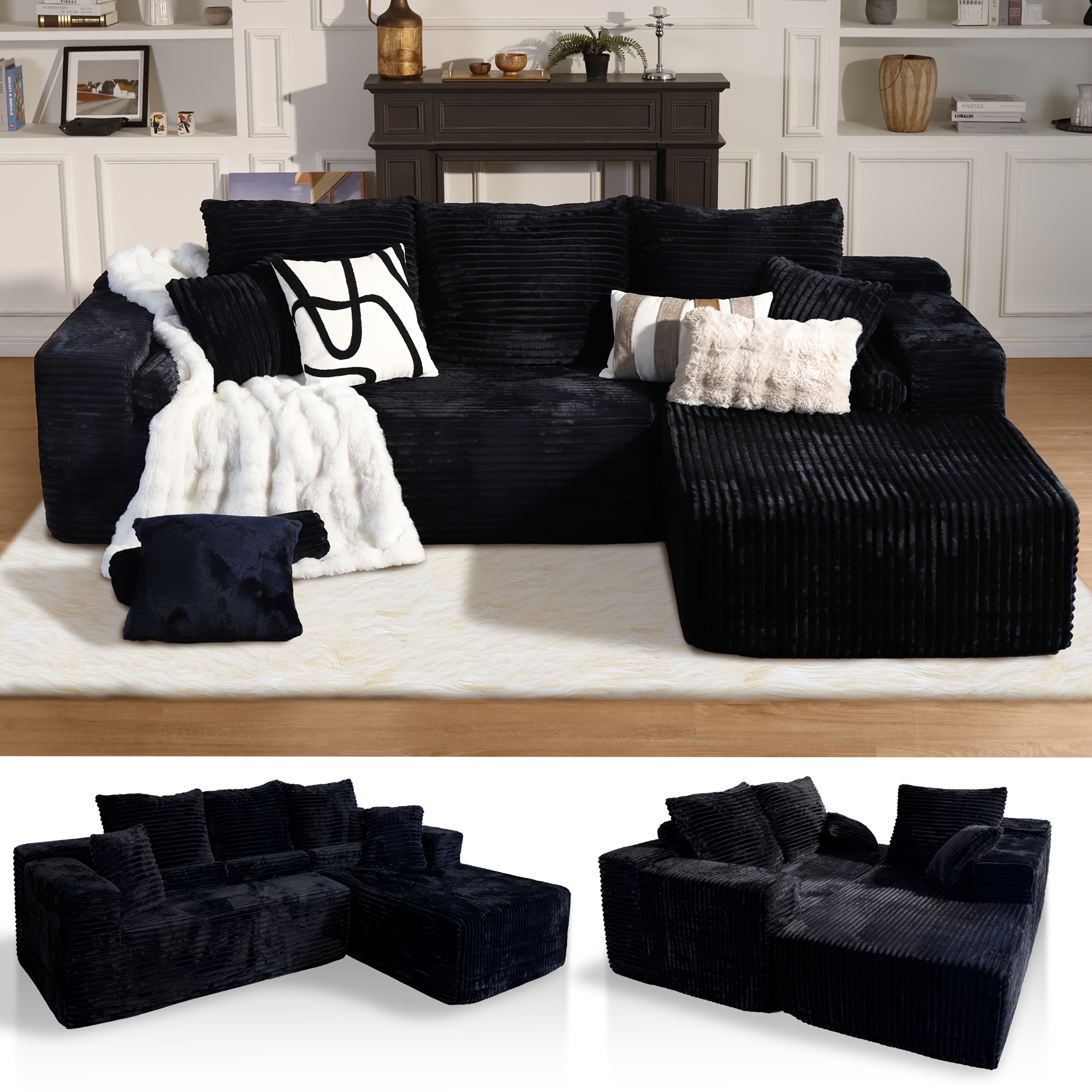 106inch Modular L-shaped corner sofa, chaise lounge, deep seat design, modern minimalist upholstered sofa with chaise lounge, no assembly required, corduroy fabric