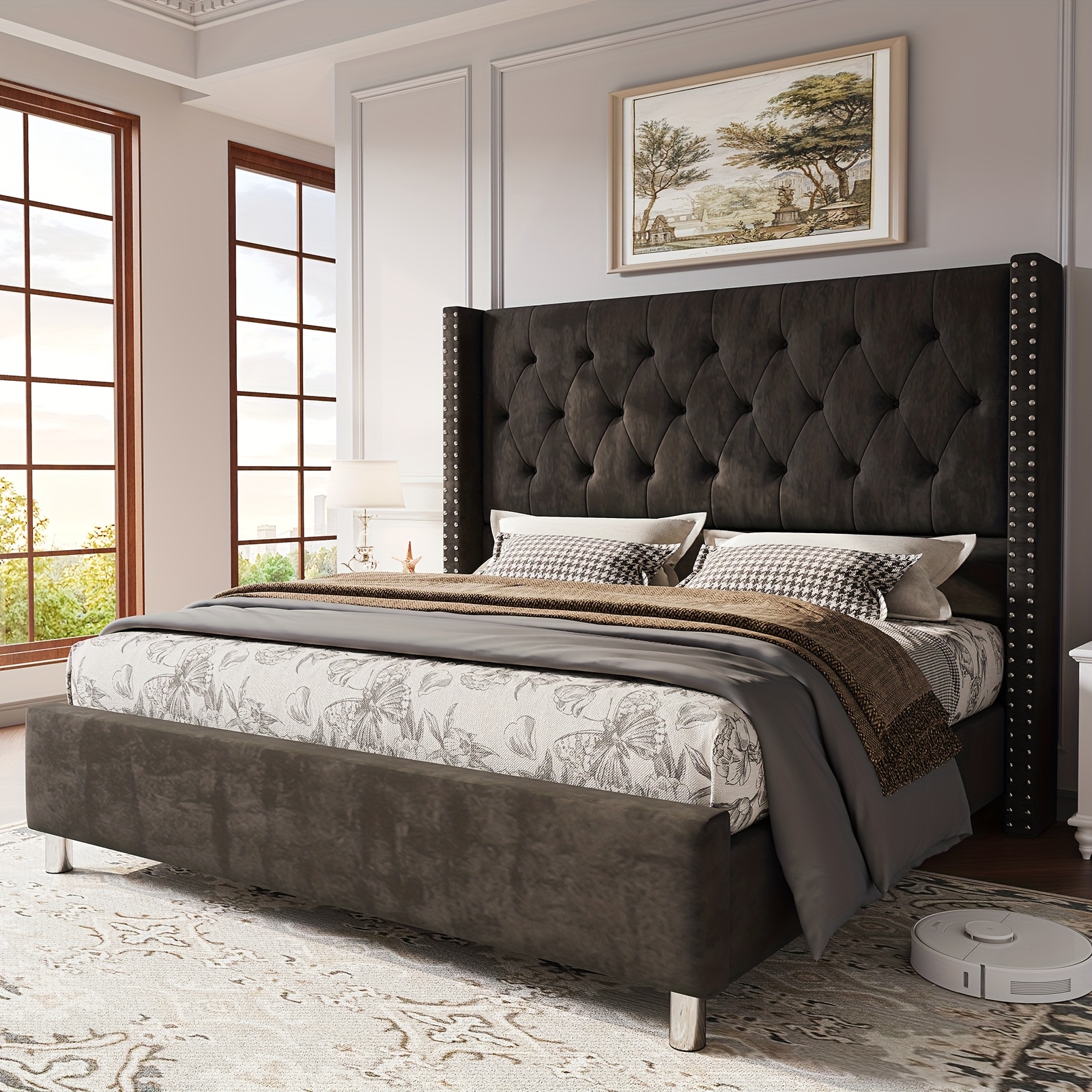 Papajet velvet headboard bed frame, with wing-style headboard, no box mattress required