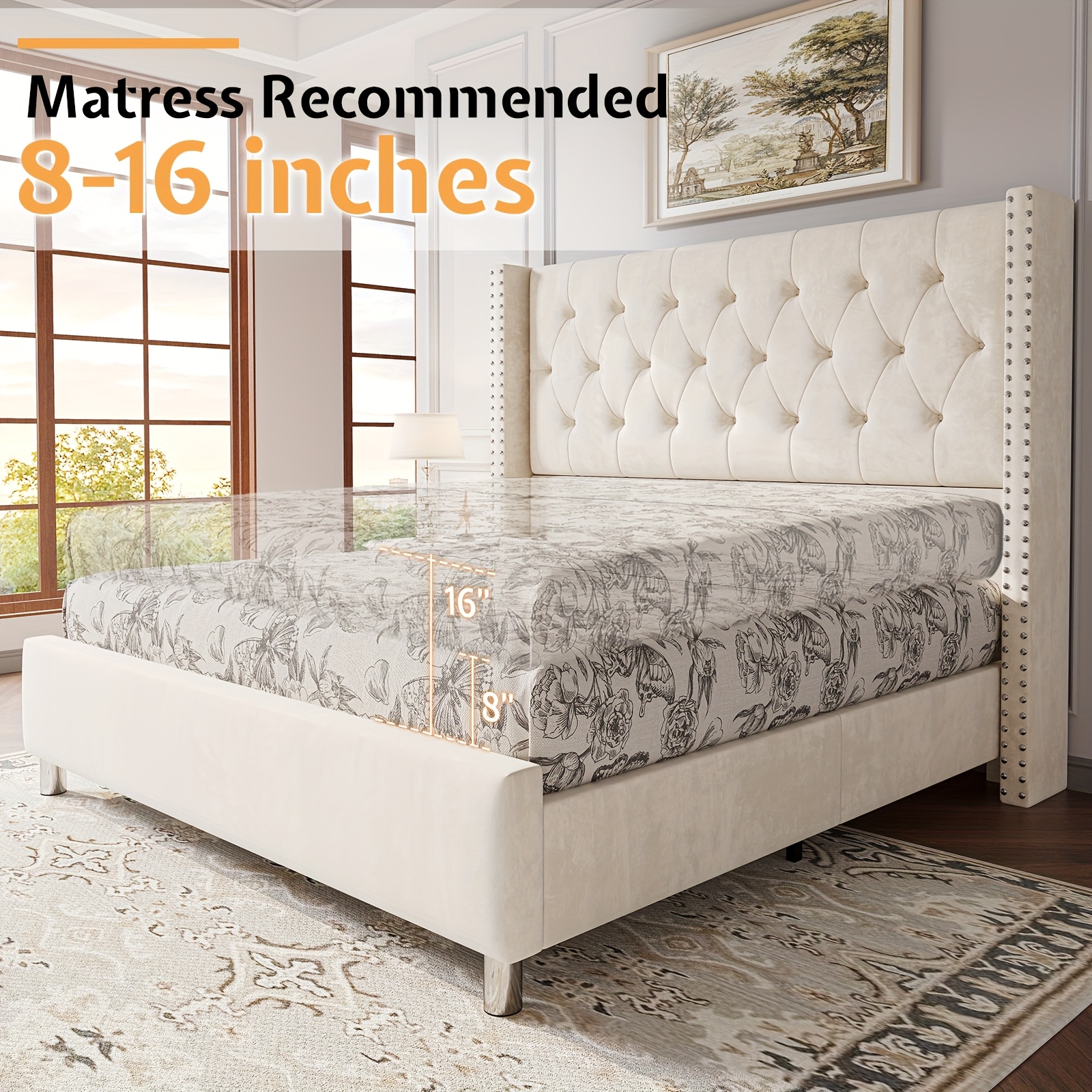 Papajet velvet headboard bed frame, with wing-style headboard, no box mattress required