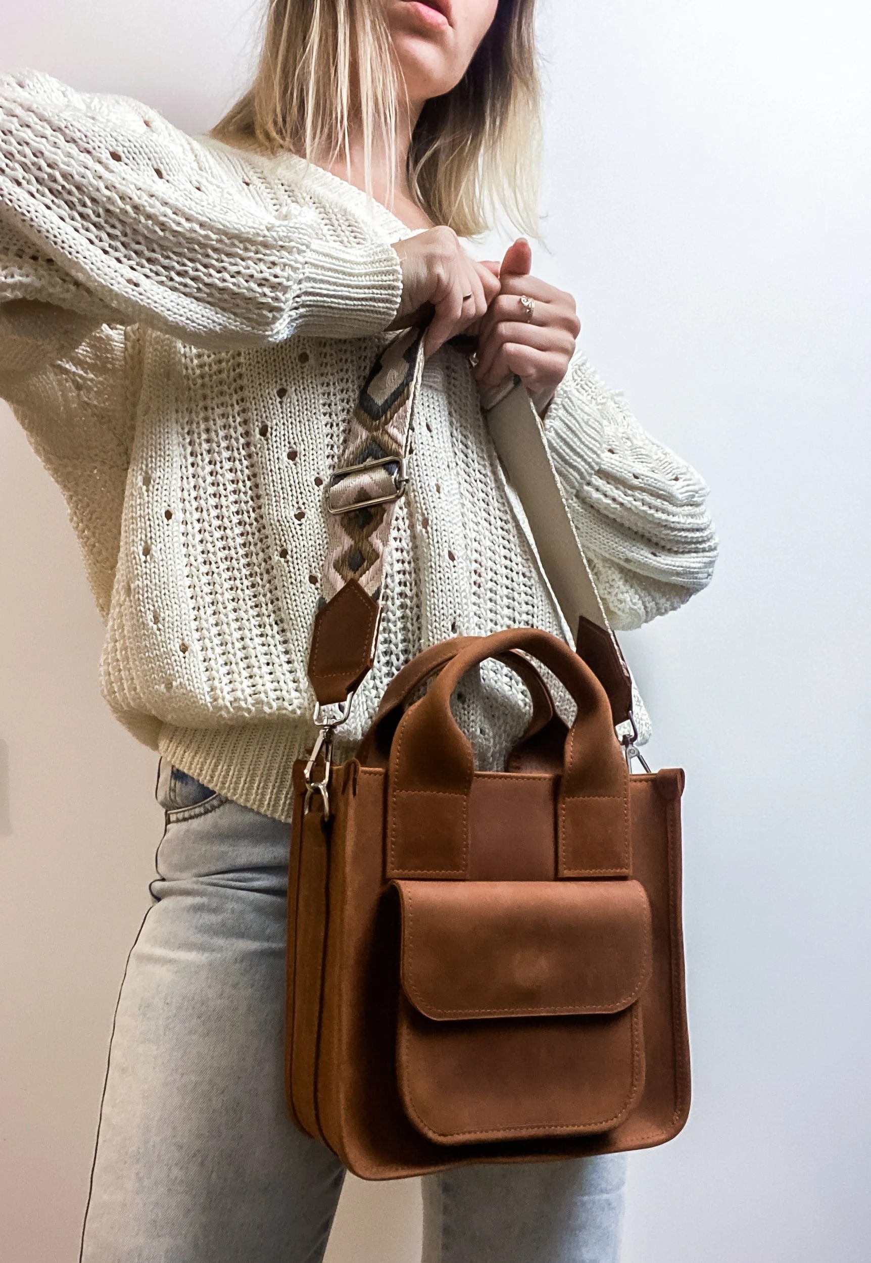 Boho-Chic Warm Brown Suede Leather Mini Tote