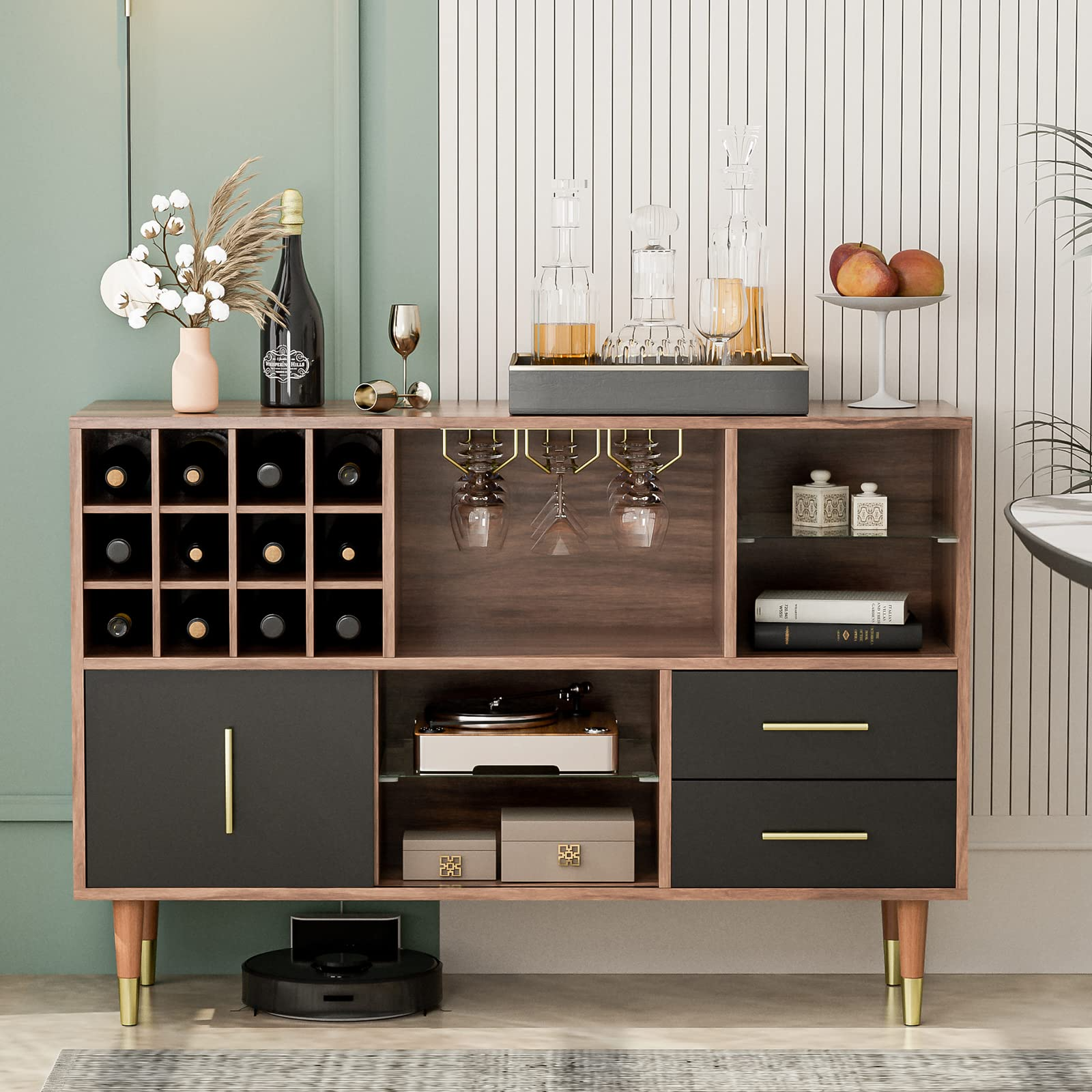 Accent Kitchen Buffet Sideboard with Storage, Wood Cabinet Server Cupboard with 12 Wine Bottle Rack