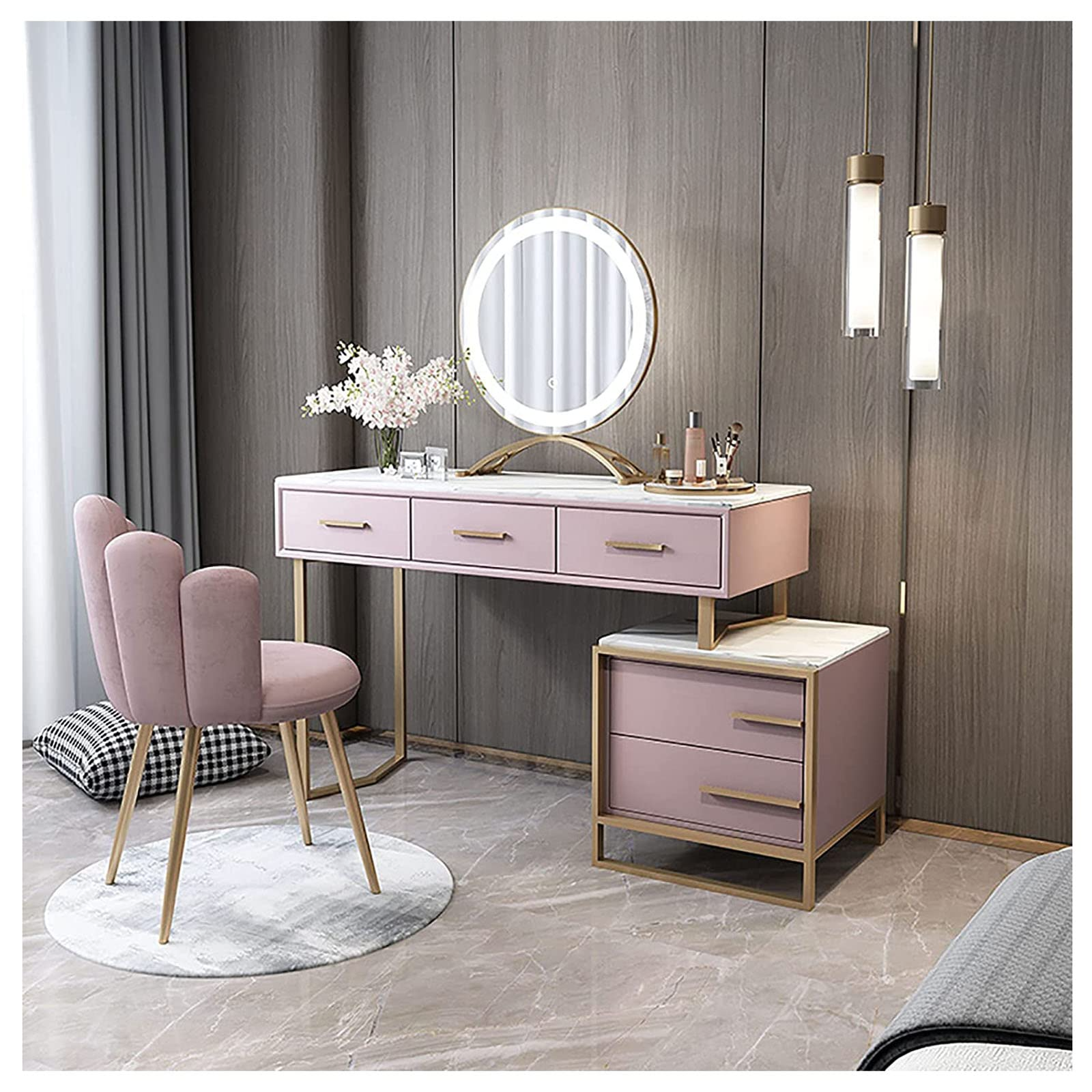 Italian Dressing Table with LED Mirror, Makeup Table with Marble Textured, Lockers & Makeup Chairs