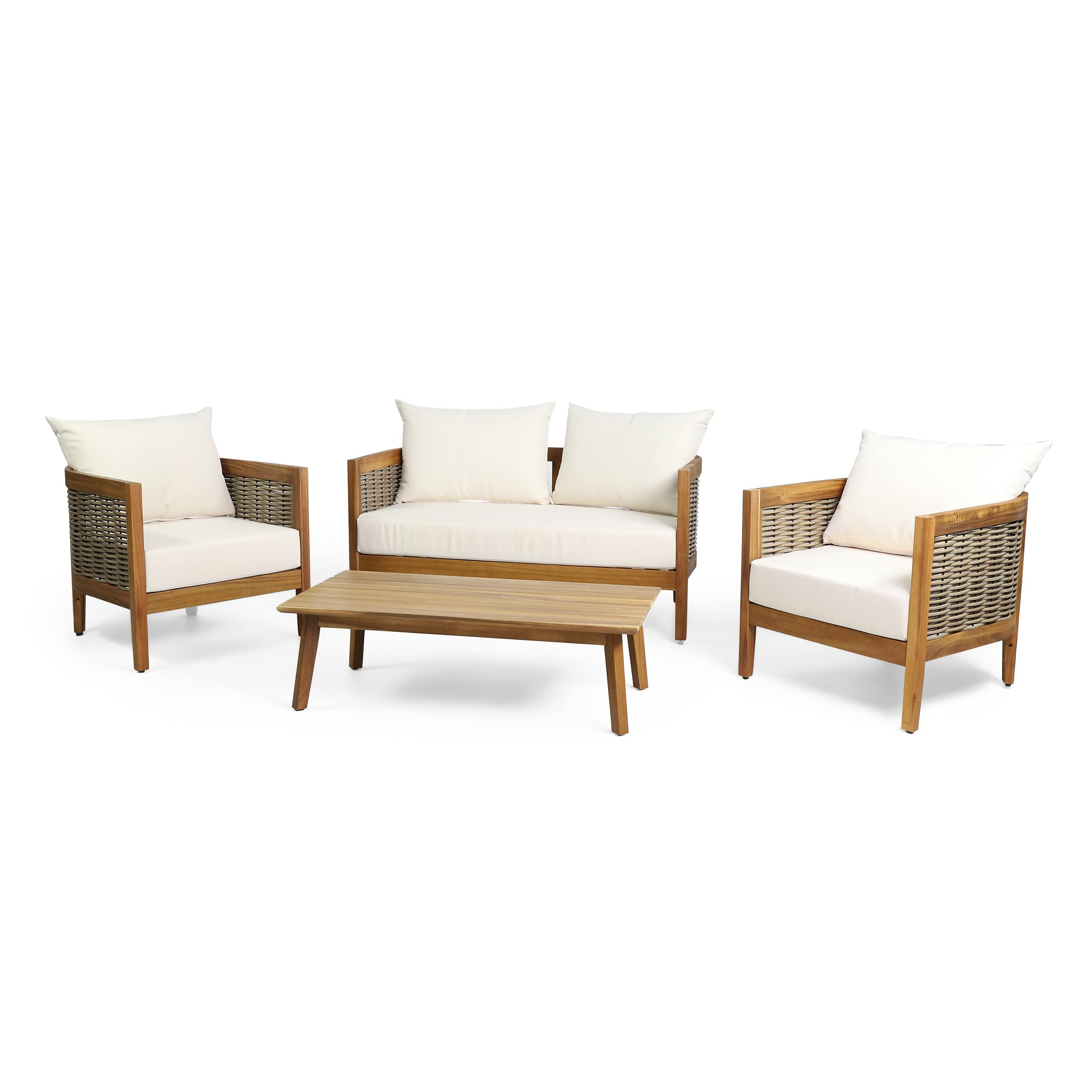 Burchett Outdoor 4 Pcs Chat Set - Acacia Wood and Wicker - Teak/Mixed Brown/Beige