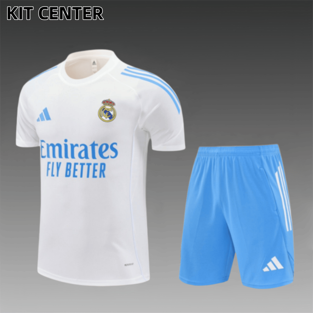 25/26 Real Madrid White paired with light blue Short  Sleeve Training Wear ( Adult kit Kids )