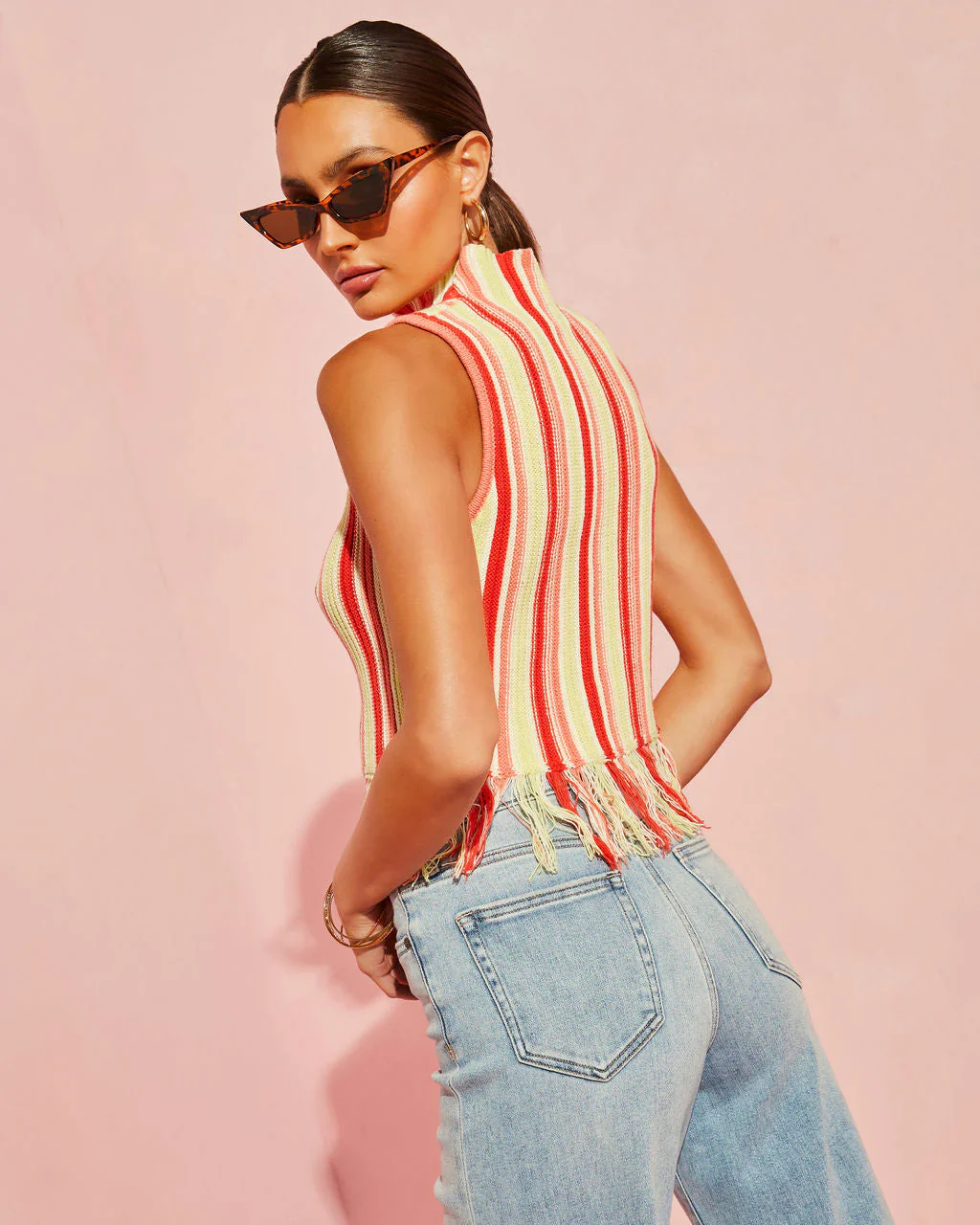 Lumi Striped Sweater Knit Fringe Hem Top