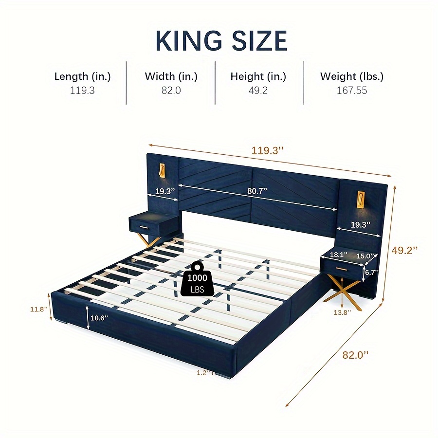 Luxurious double/queen-size bed frame with built-in LED lights and nightstand, double/queen-size platform bed with extra-large upholstered headboard, no mattress support required