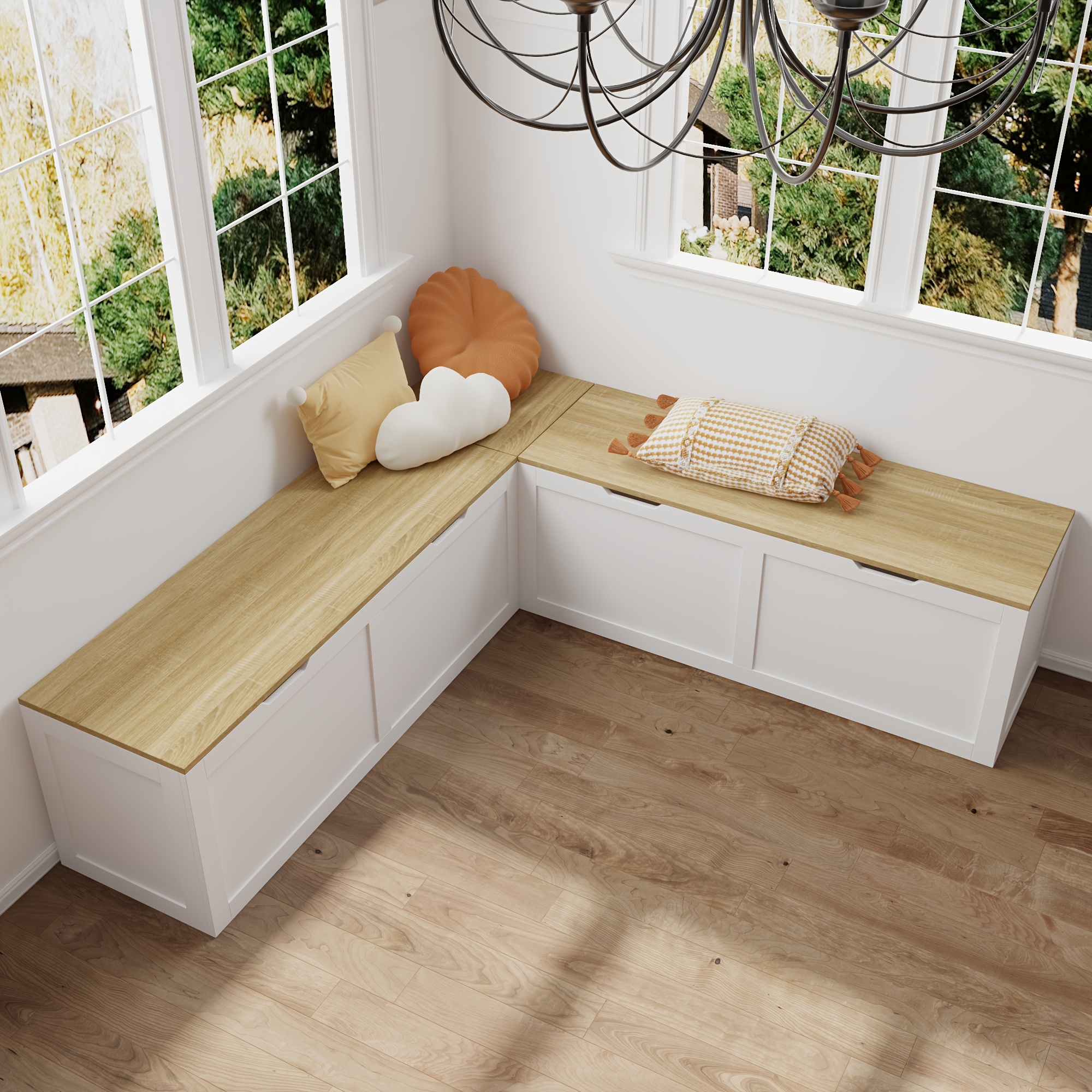 Multifunctional corner shoe bench with flip-top storage cabinet, modern design, white and wood color