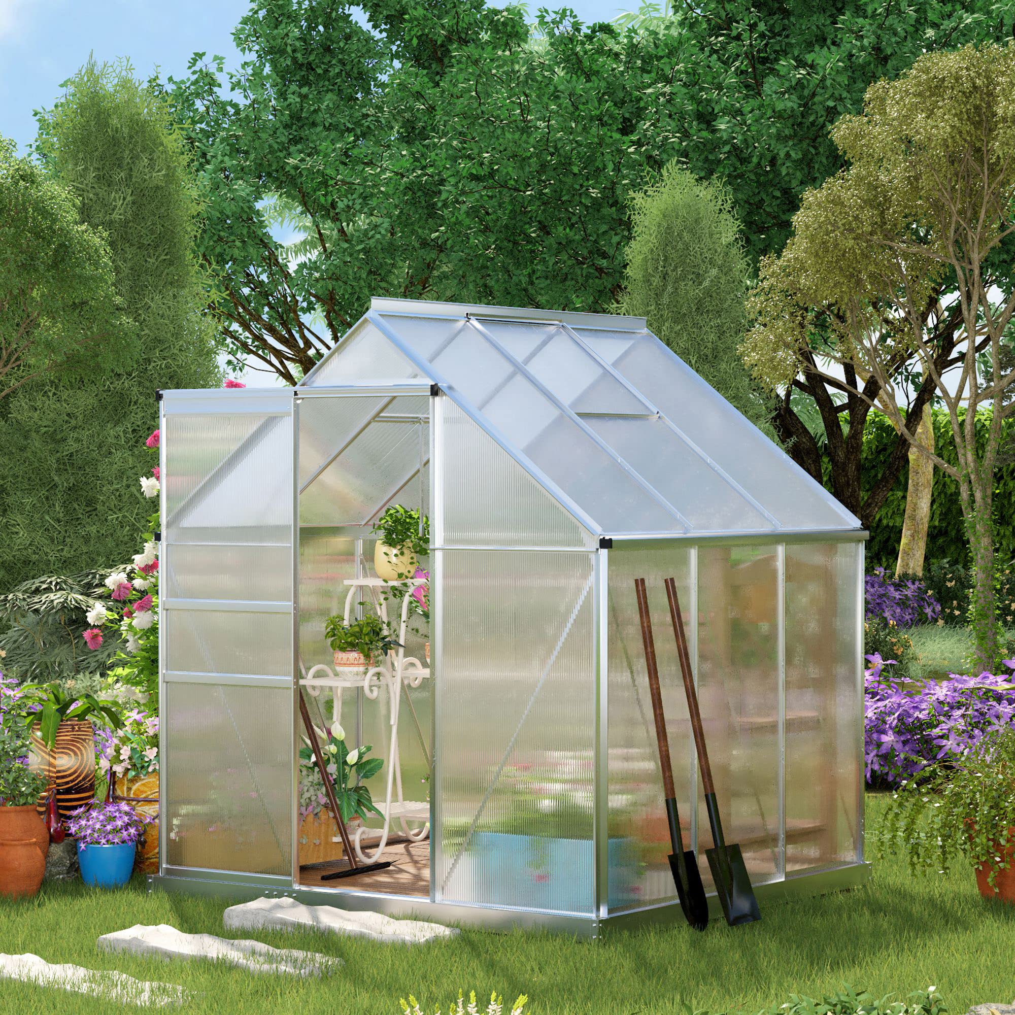 6' x 6' aluminum greenhouse polycarbonate walk-in garden greenhouse vents, sliding doors