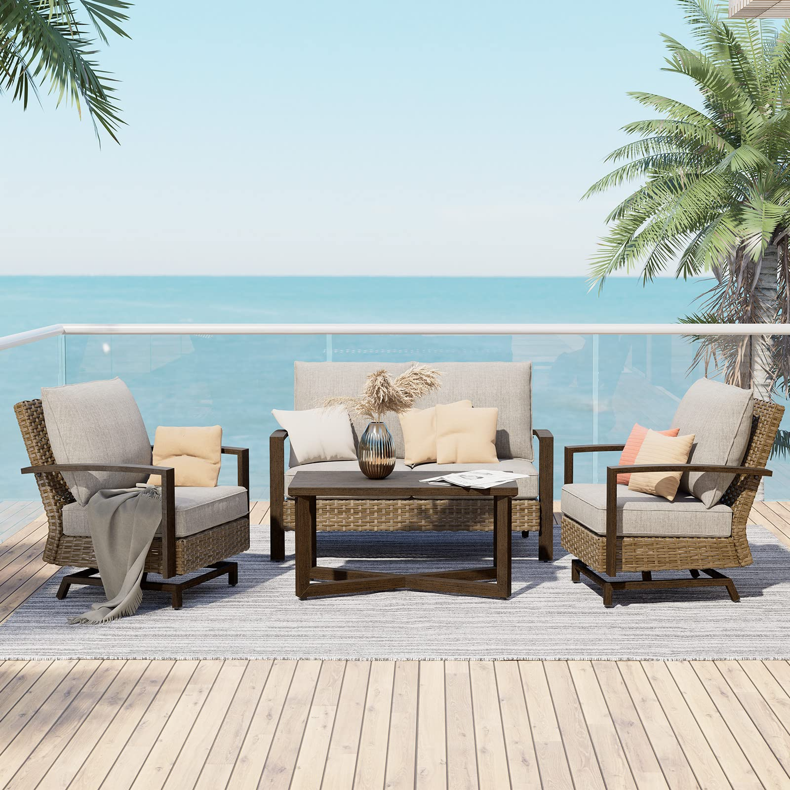 Outdoor 4 Pcs Furniture Sofa Sets PE Wicker Furniture Sets Rockers Patio Conversation Sets