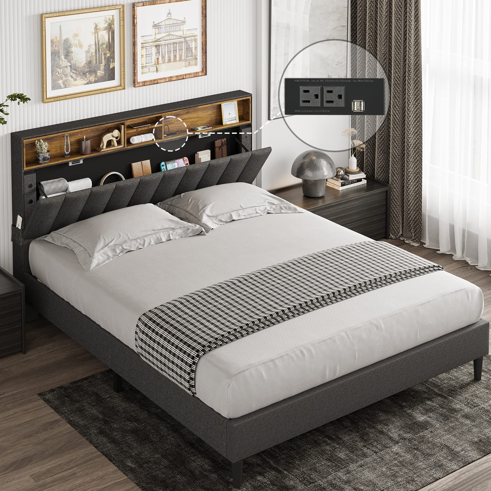 Queen Bed Frame with USB Ports and Outlets, Upholstered Platform Bed with Storage Headboard