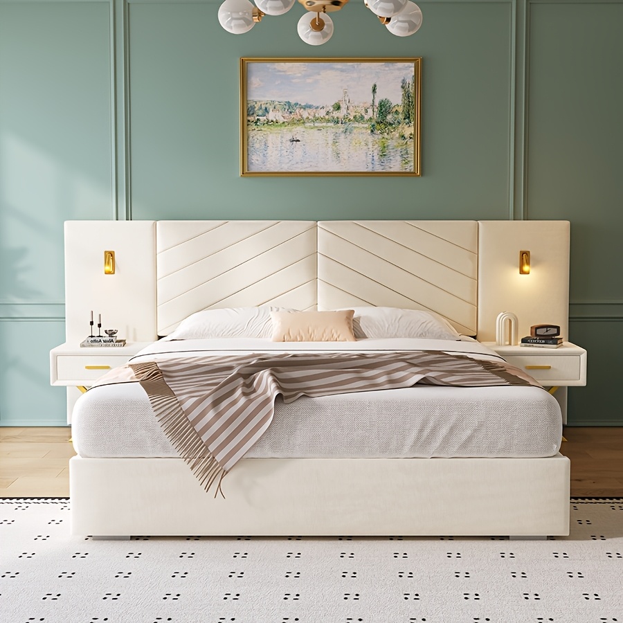 Luxurious double/queen-size bed frame with built-in LED lights and nightstand, double/queen-size platform bed with extra-large upholstered headboard, no mattress support required