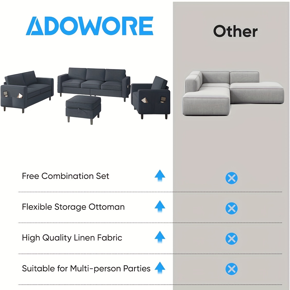 4-piece living room furniture set, convertible sofa set with side pockets and storage ottoman, modern L-shaped sectional sofa, designed for small spaces