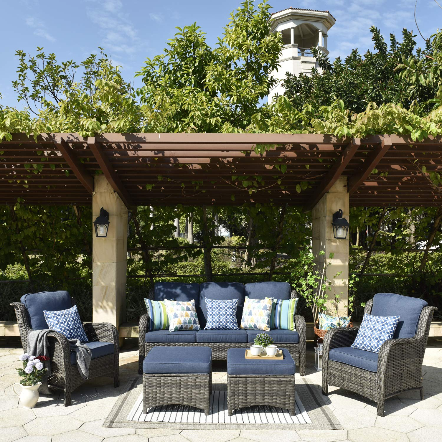 Patio Furniture Sets Outdoor Conversation Set All Weather Wicker High Back Couch with Ottomans