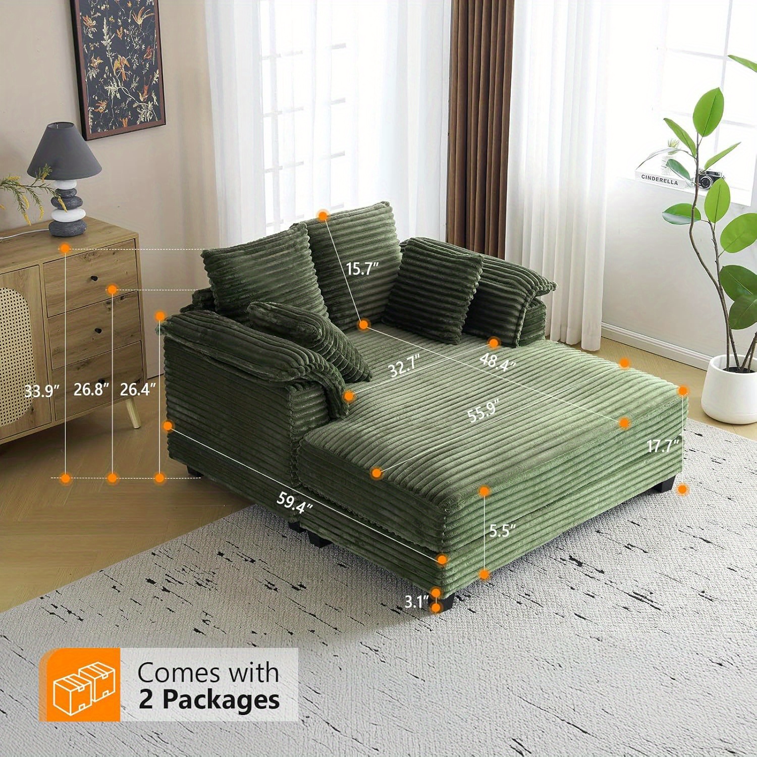Motors 56inch Extra-Large Sofa Bed, Corduroy Recliner with Pillow and Armrests, Comfortable Cushioned Sleeping and Reading Chair, Suitable for Living Room, Bedroom, and Media Room