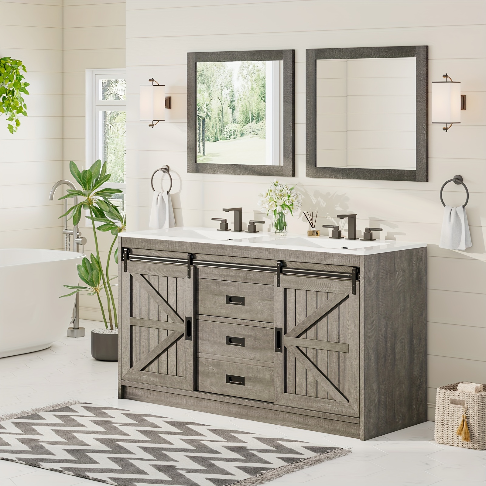 Double farmhouse-style bathroom vanity: 60inch sliding barn door storage cabinet with doors and drawers, double sink combination