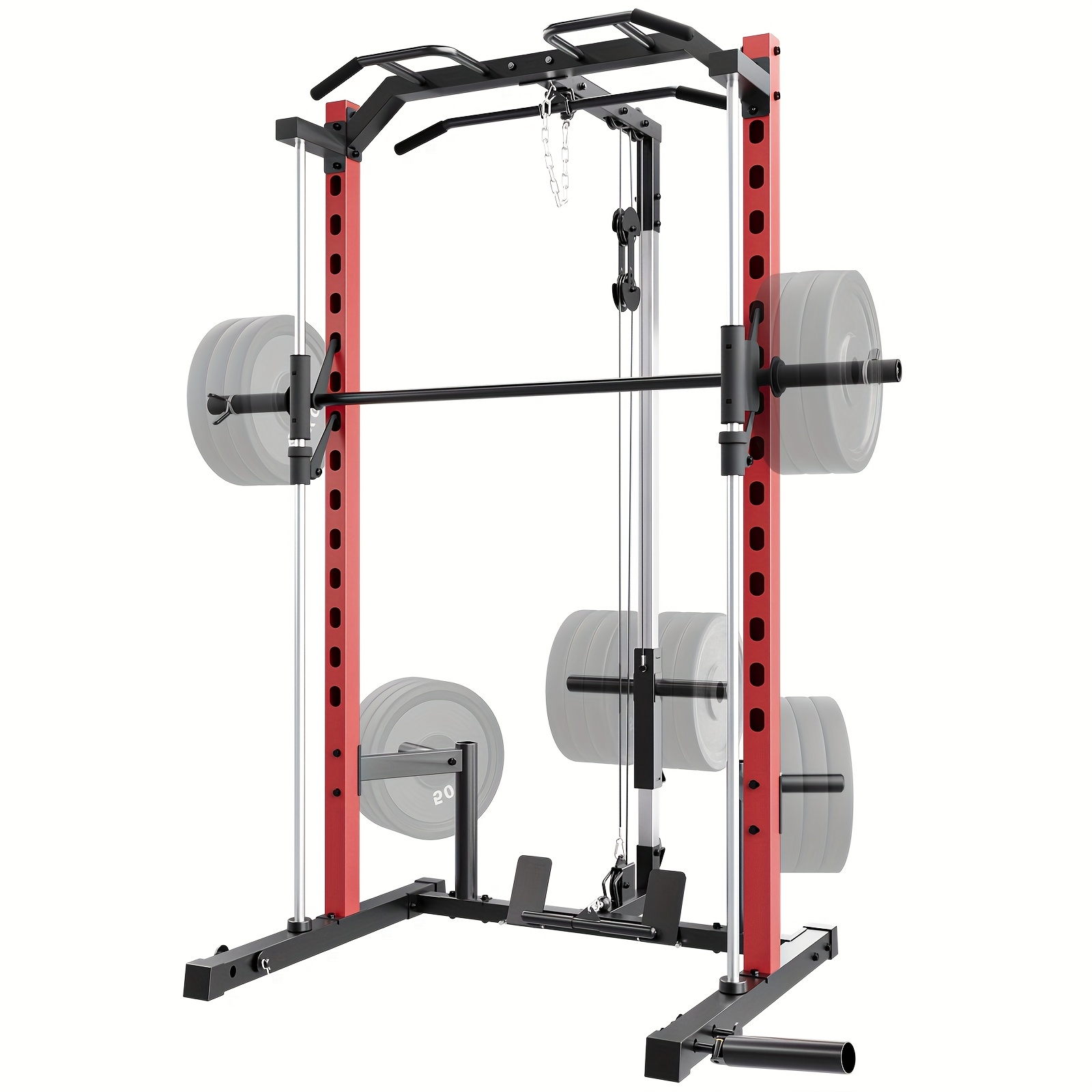 1400LBS Smith mobile fitness cage, with pull-down system and cable machine, a power rack suitable for home gyms, featuring a barbell rack, weight storage, and various training attachments, a multifunctional squat rack