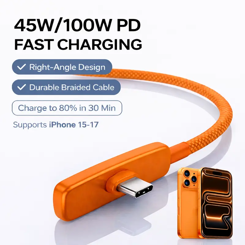 90 Degree PD 45W USB C to USB C Charging Cable, Nylon Braided Right Angle Fast Charger Cord for iPhone 15/16/17