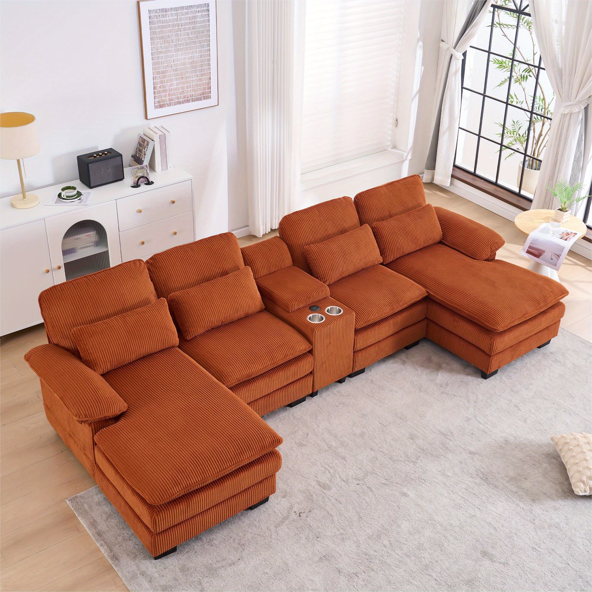 124inch Comfortable plush corduroy living room sectional sofa, featuring a double recliner and deep seat design, U-shaped cloud sectional sofa, equipped with a central armrest USB port