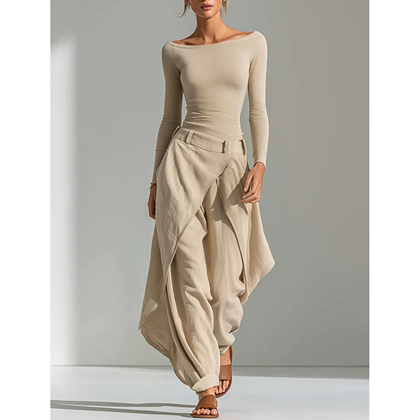 OFF-SHOULDER TOP EN ASYMMETRISCHE WIJDE PIJPEN  SET