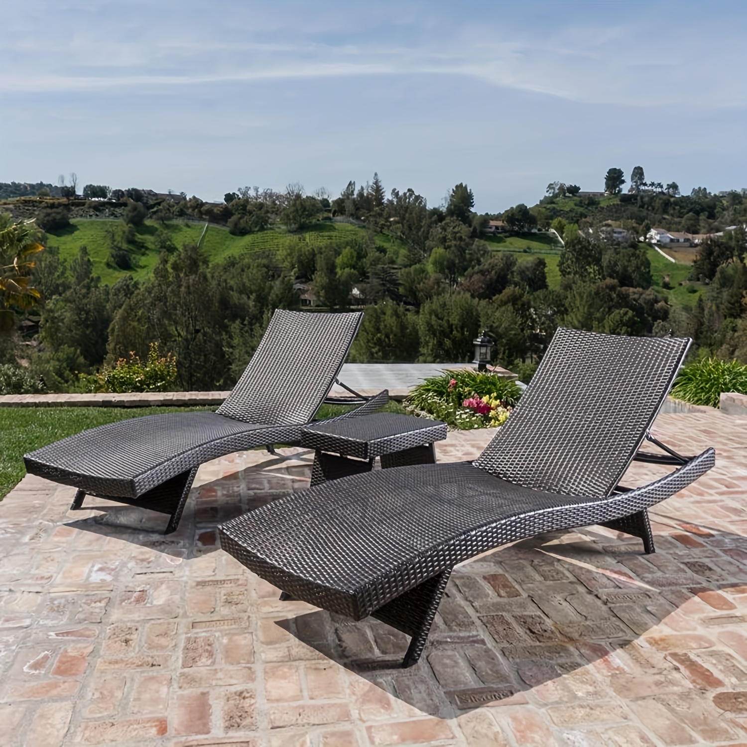 2 outdoor wicker lounge chairs + 1 coffee table, lawn sunbathing chairs and side table, garden lounge chairs, patio wicker lounge chairs and side table, poolside backyard beach wicker lounge chairs and table