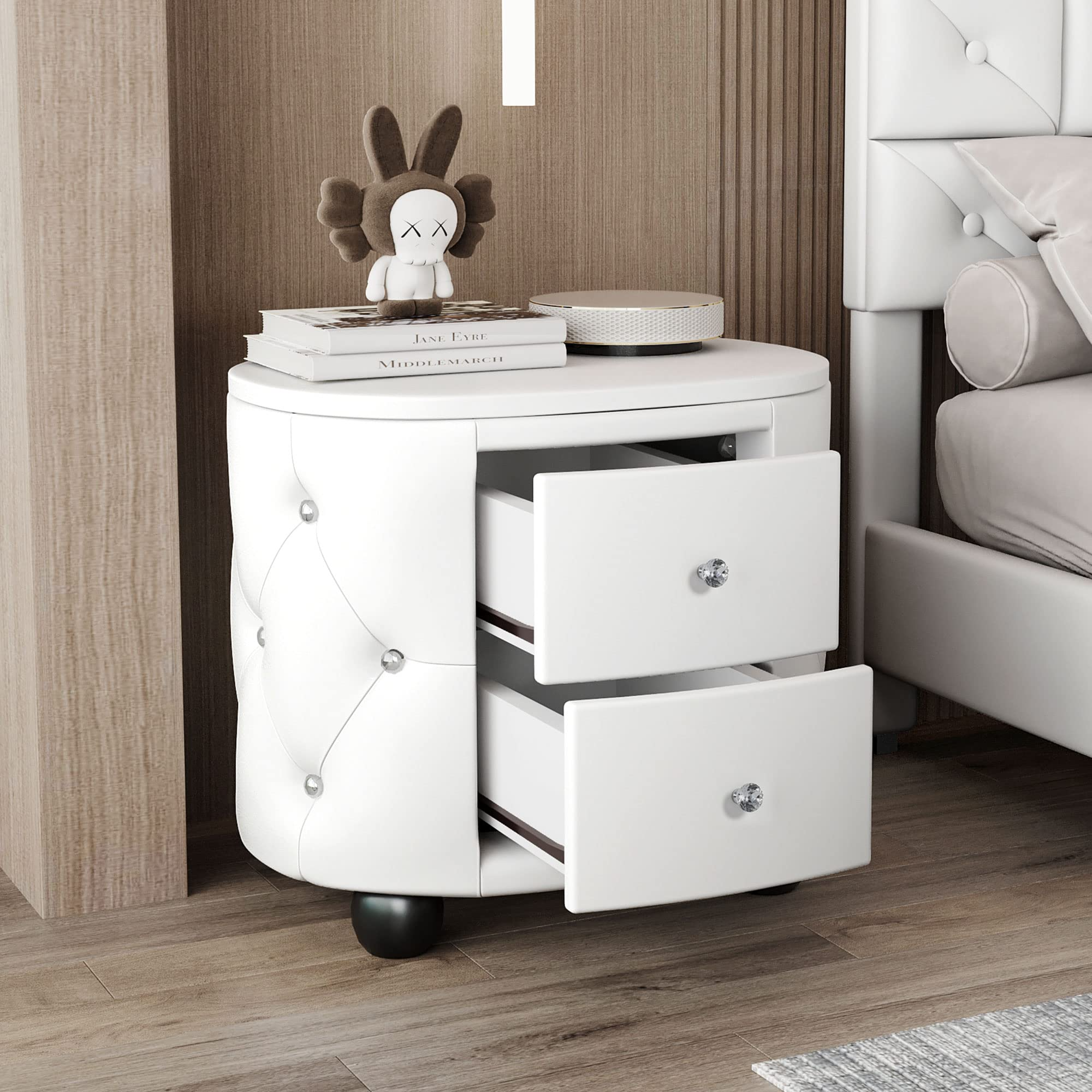 Modern Mid-Century Upholstered Night Stand with 2 Drawers for Bedroom Wood Bedside End Table