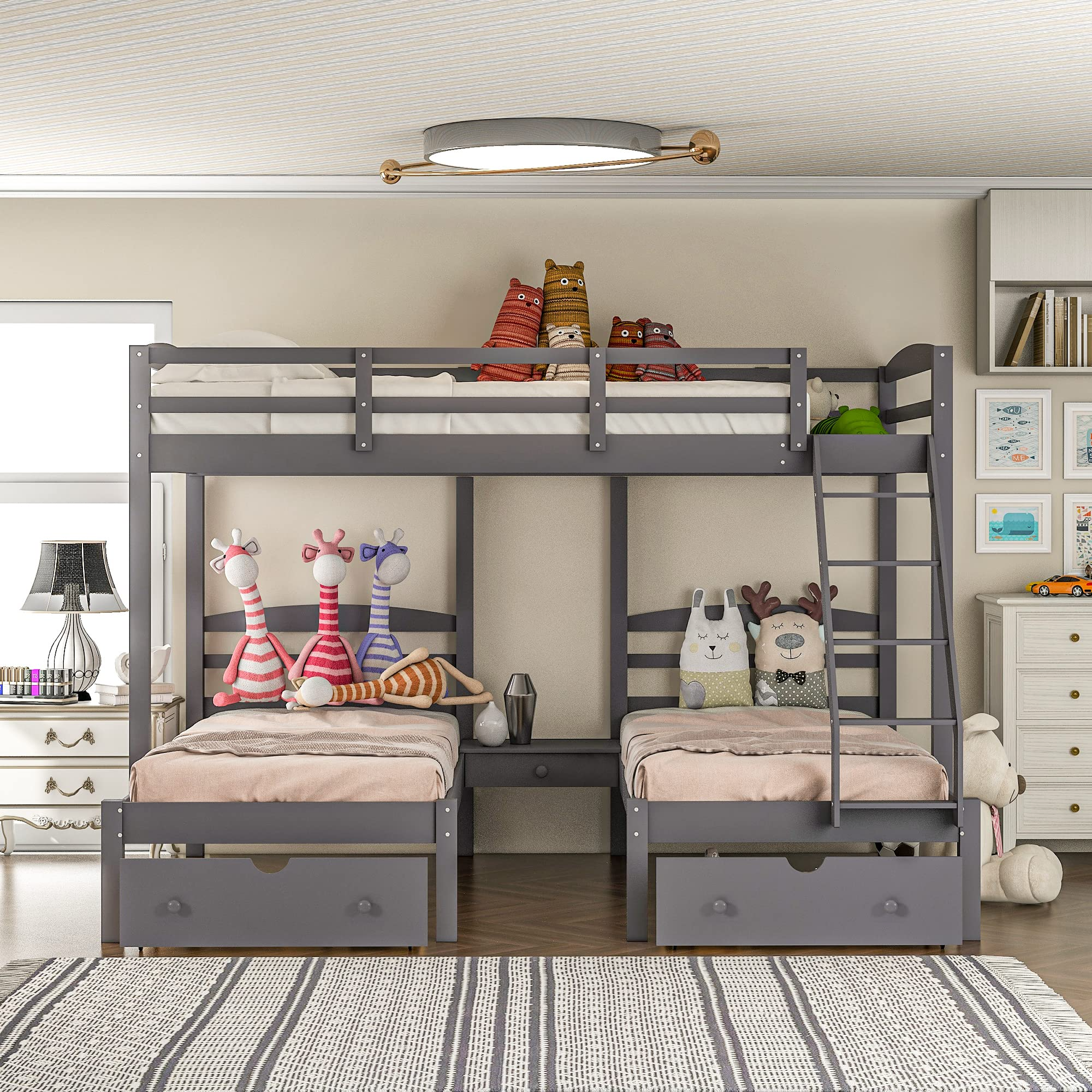 Triple Bunk Bed Full Over 2 Twin Bunk Bed with 3 Drawers & Guardrails, Bunk Bed for Family, Teens