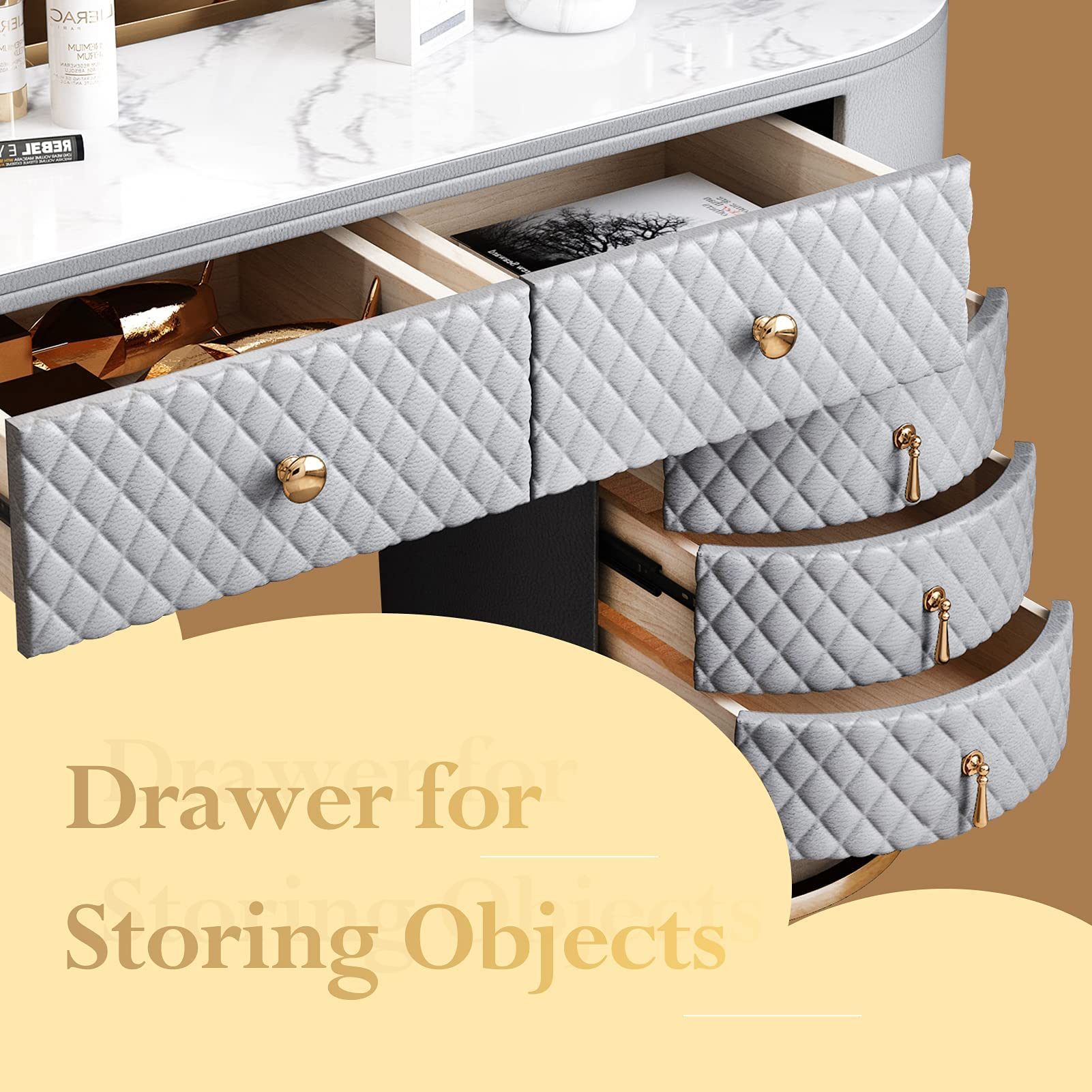 【BS】Dresser Table Vanity Makeup Table Set Makeup with 5 Drawers Dressing Table with Lighted Mirror