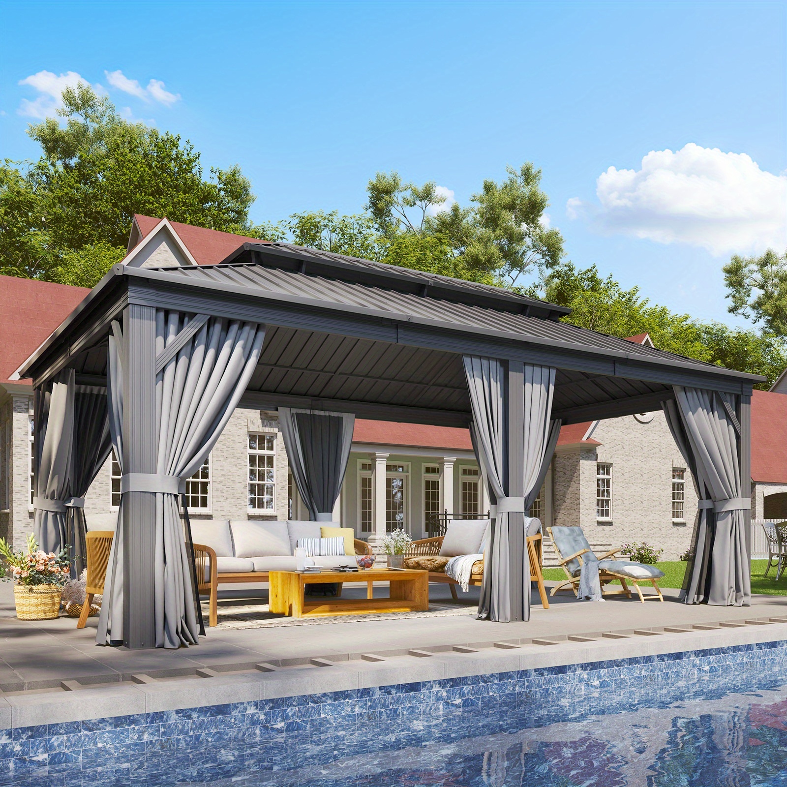 Sonegra 12' X 20'/12' X 16'/12' X 10' Hardtop Gazebo, Double Galvanized Steel Roof - Aluminum Frame Outdoor Gazebo with Mosquito Net and Curtains, Suitable for Patio, Yard, and Deck (Free Shipping)