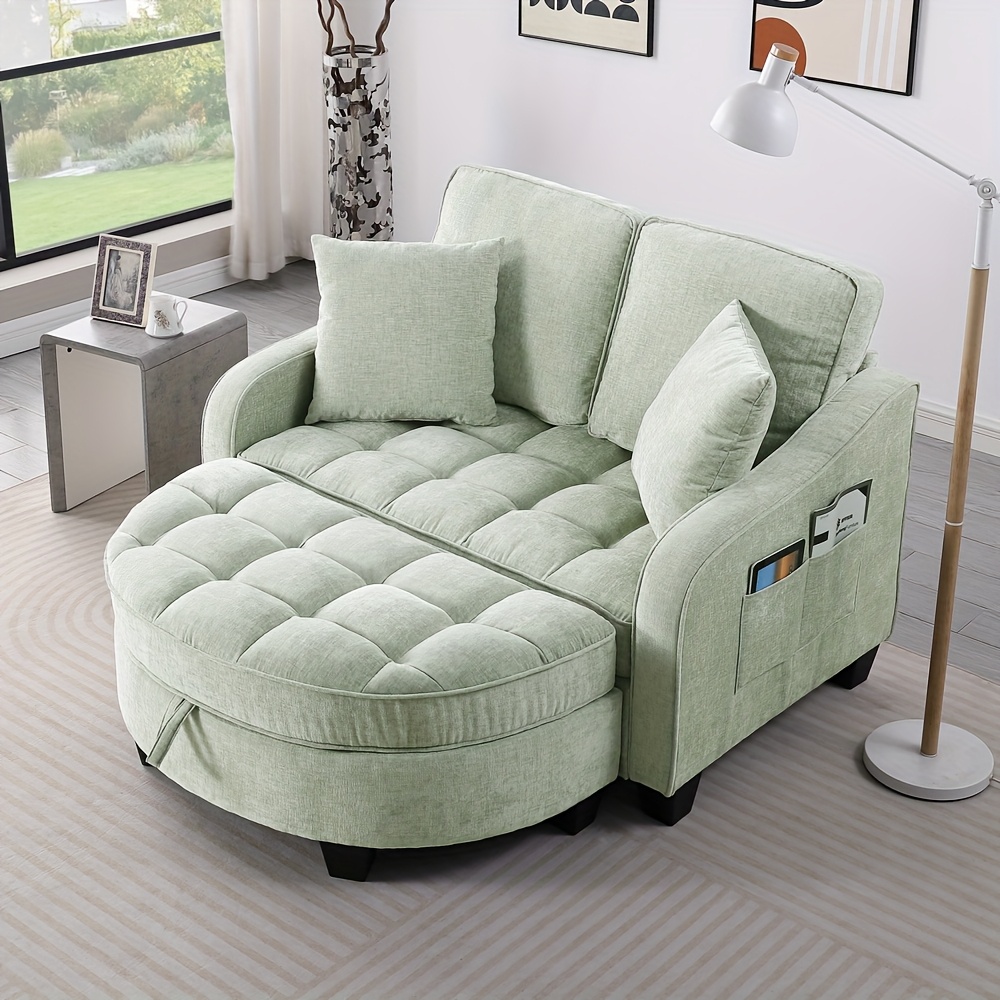 Double sofa, double chaise lounge sofa, with irregular armrests and backrests, footrest with storage space, comes with two small throw pillows, suitable for living room and bedroom