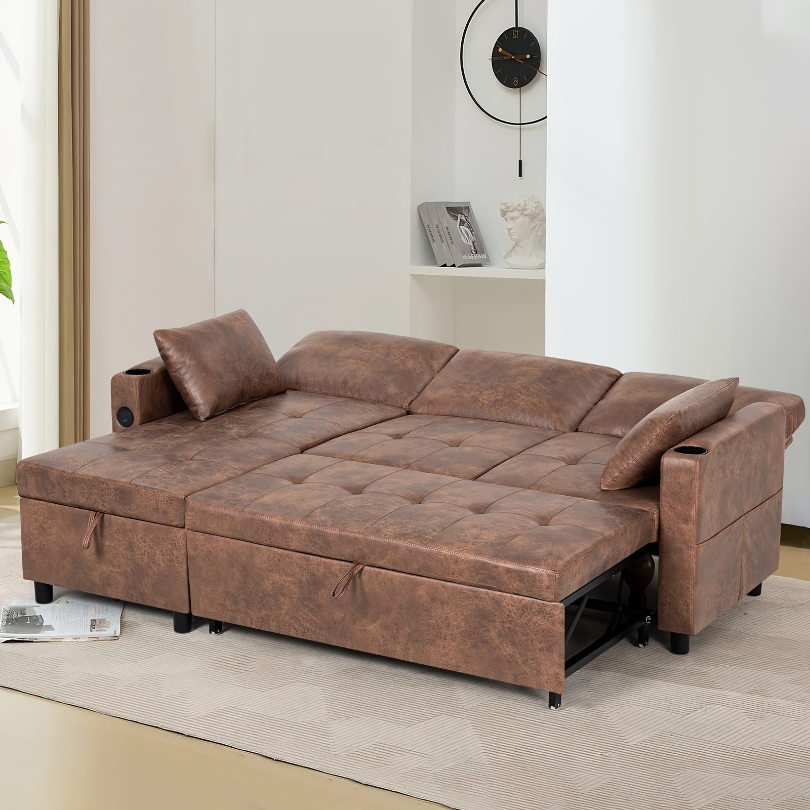 ACMEASE 84inch L-shaped pull-out sofa bed with adjustable backrest (with storage ottoman), synthetic suede fabric sofa with cup holders, modern modular sofa with storage side pockets and tufted cushions, suitable for living rooms and apartments