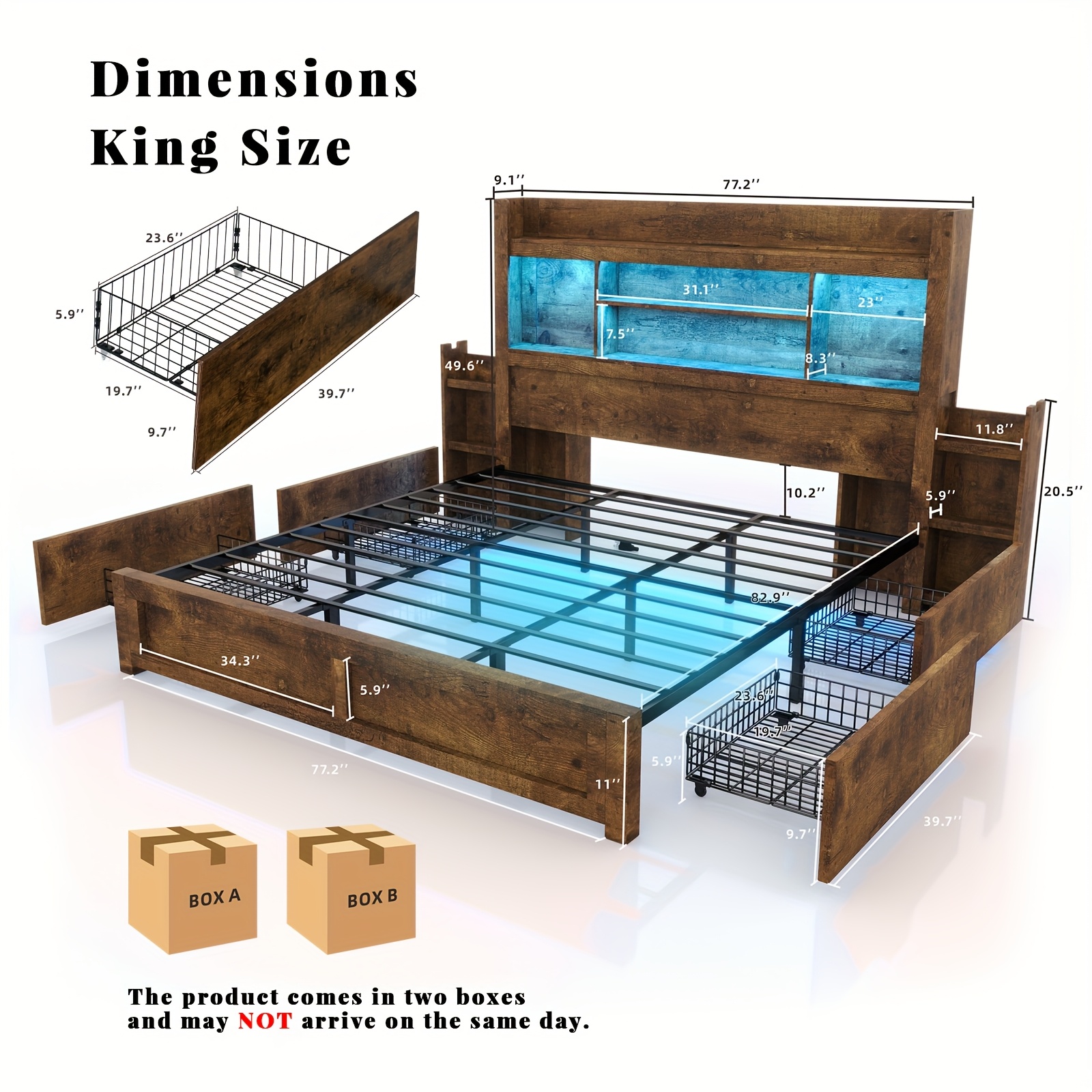 Farmhouse-style wooden bed frame with four storage drawers, LED headboard with a 49inch high bookshelf, wooden platform bed equipped with a charging station, and two sliding bedside shelves.