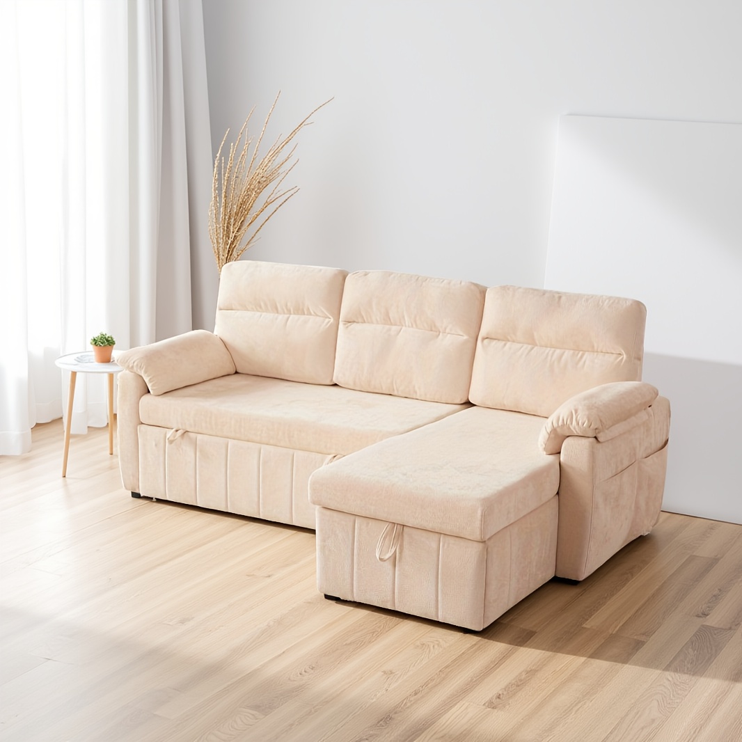Convertible sofa bed with pull-out mattress, equipped with a recliner and ample hidden storage space, perfect for small living rooms