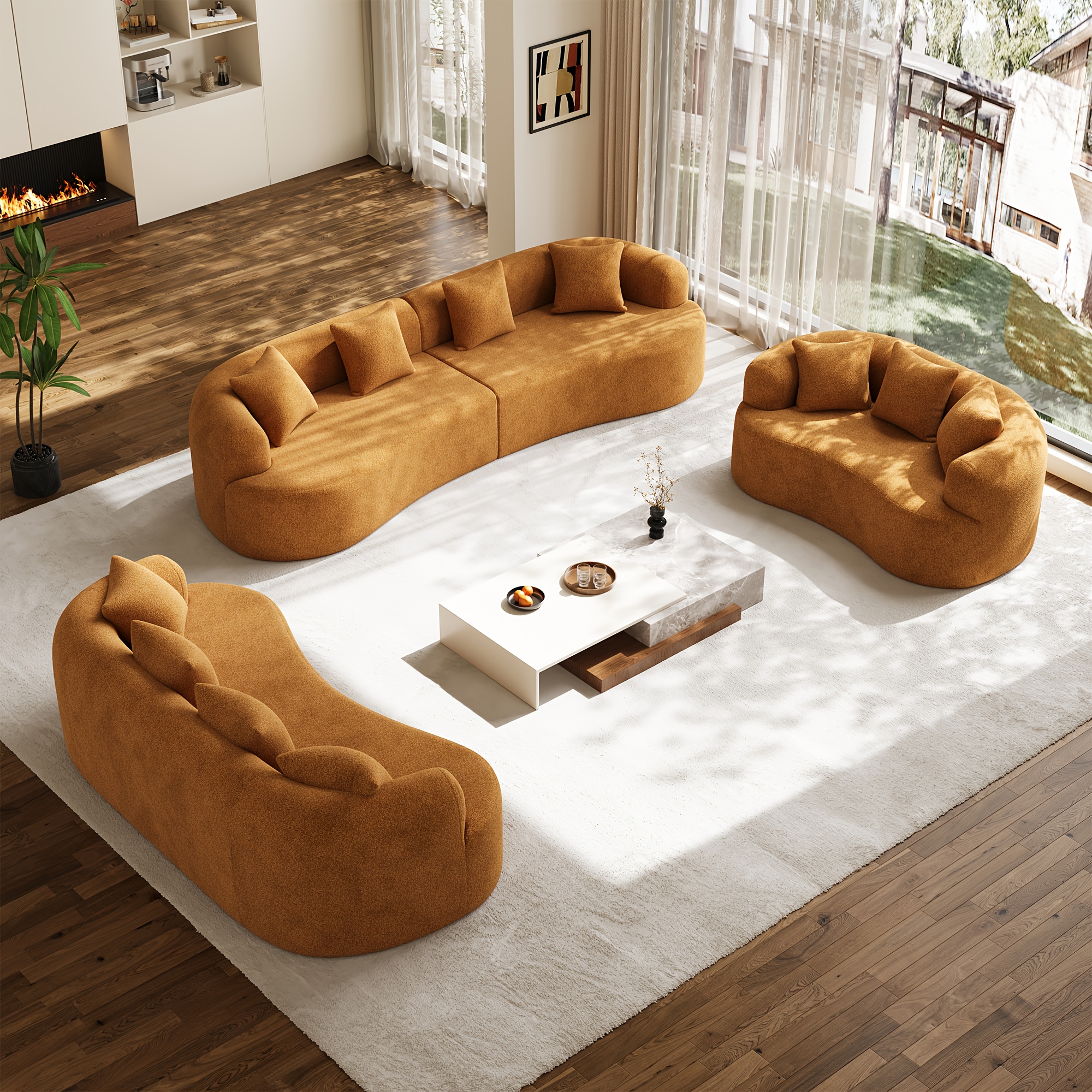 Modern oversized frameless curved sofa, available in 68.5inch, 114inch and 130.7 inches sizes.This modular sofa features luxurious long-pile chenille fabric and memory foam, making it perfect for your living room.