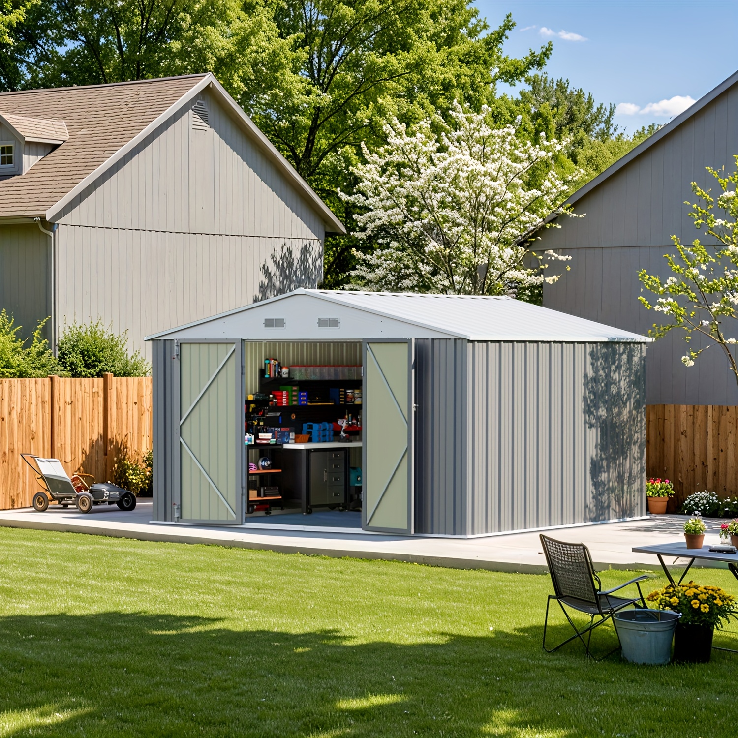 GUNJI 10ft x 10ft metal storage shed, with framed floor and shelves, steel garden shed with lockable door design, suitable for storing tools and miscellaneous items in gardens, backyards, patios, and other outdoor spaces