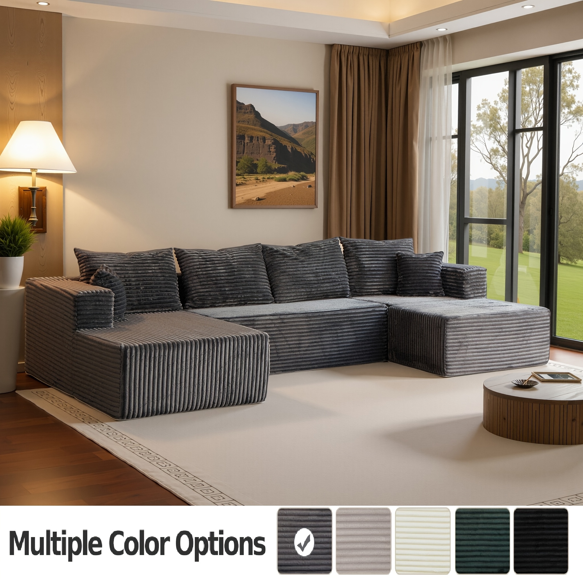 Frameless sofa, living room modular sofa - modern corduroy upholstered cloud sofa and chaise lounge, deep seat comfort and ergonomic design