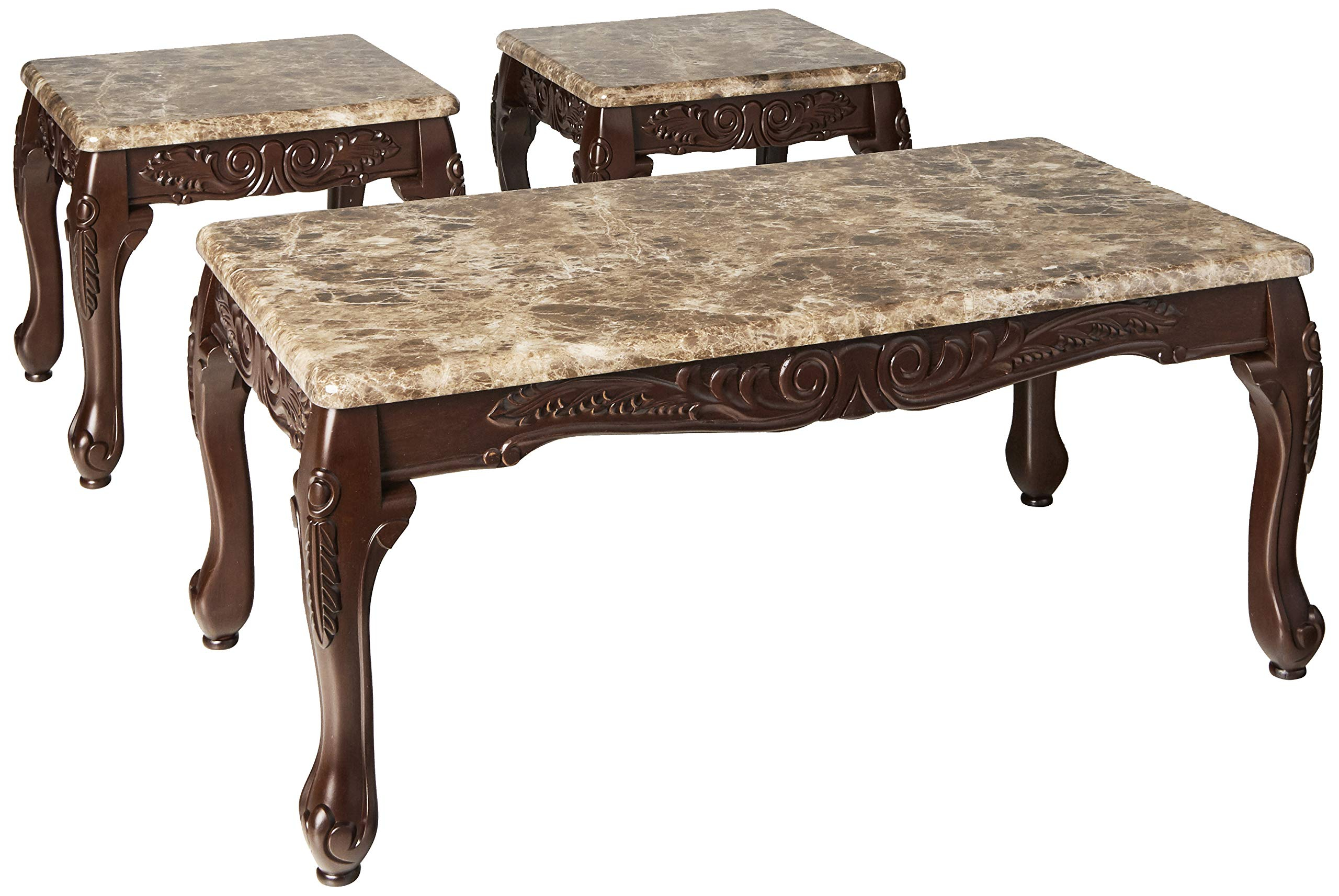 3-Piece Traditional Faux Marble Top Accent Tables Set, Dark Oak