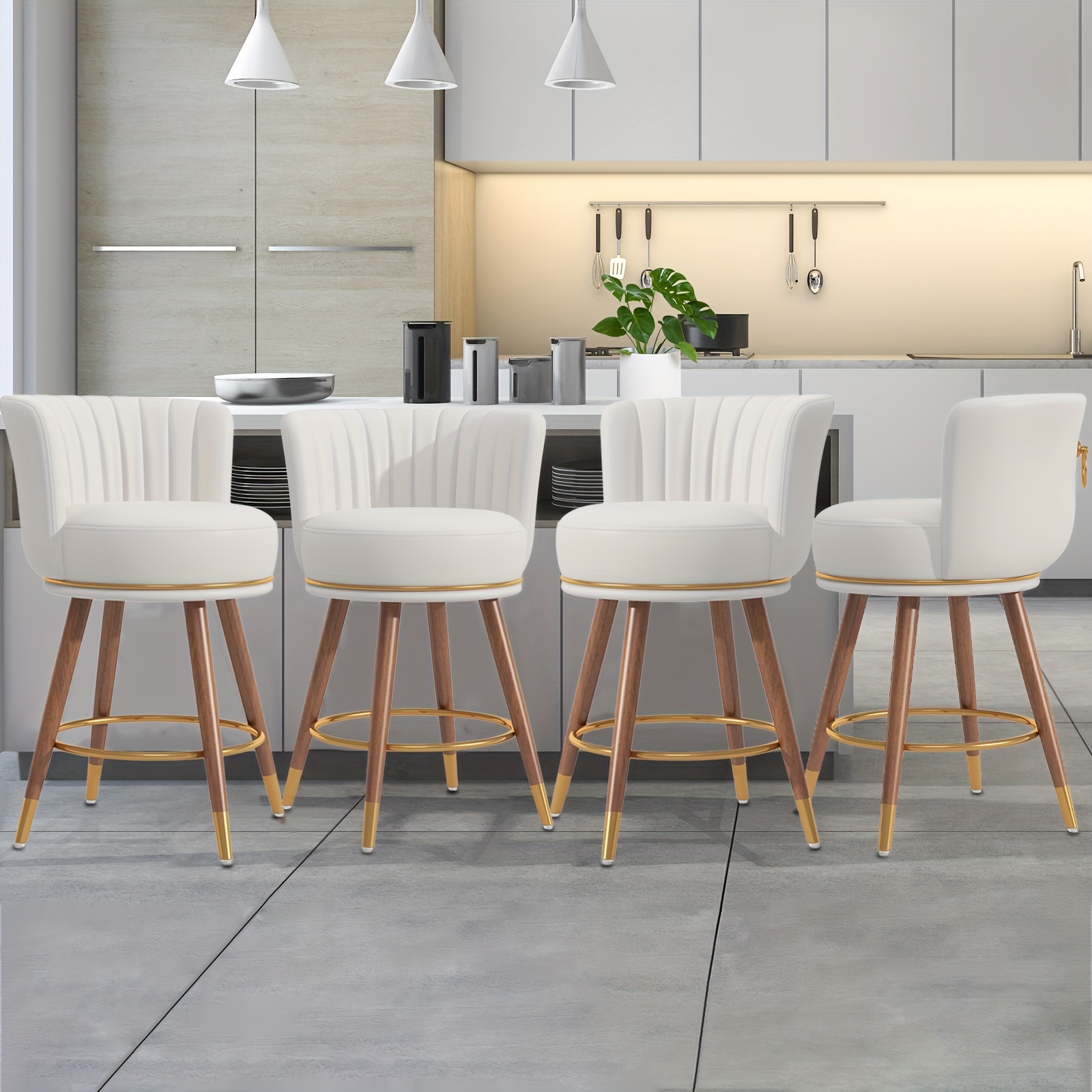 Junius 4-piece set of swivel bar stools, 26inch high stools with backrest, 360-degree rotating wooden leg bar chairs, white cushioned kitchen island stools, weight capacity 300 pounds