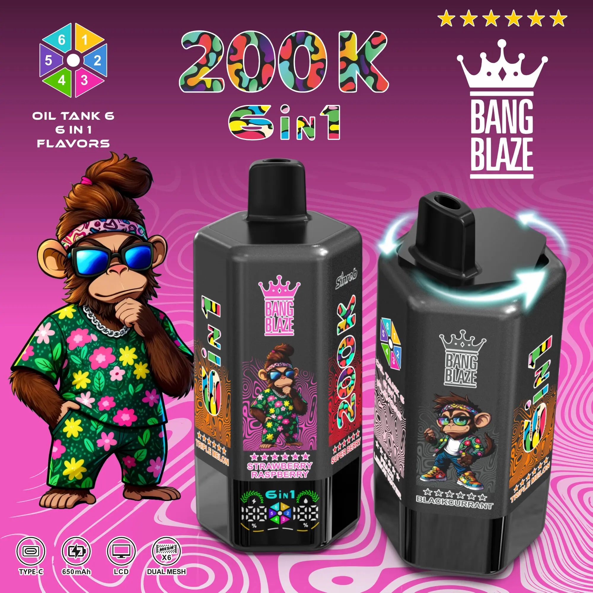 Bang Blaze 200000 200K Puffs 6 in 1 Flavors &  6 oil tanks Rechargeable LCD Display Disposable Vape