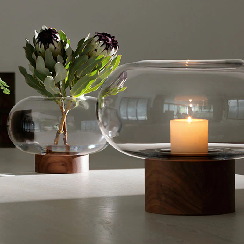 Oblate Vase/Lantern, H19.5 cm, Clear/Walnut