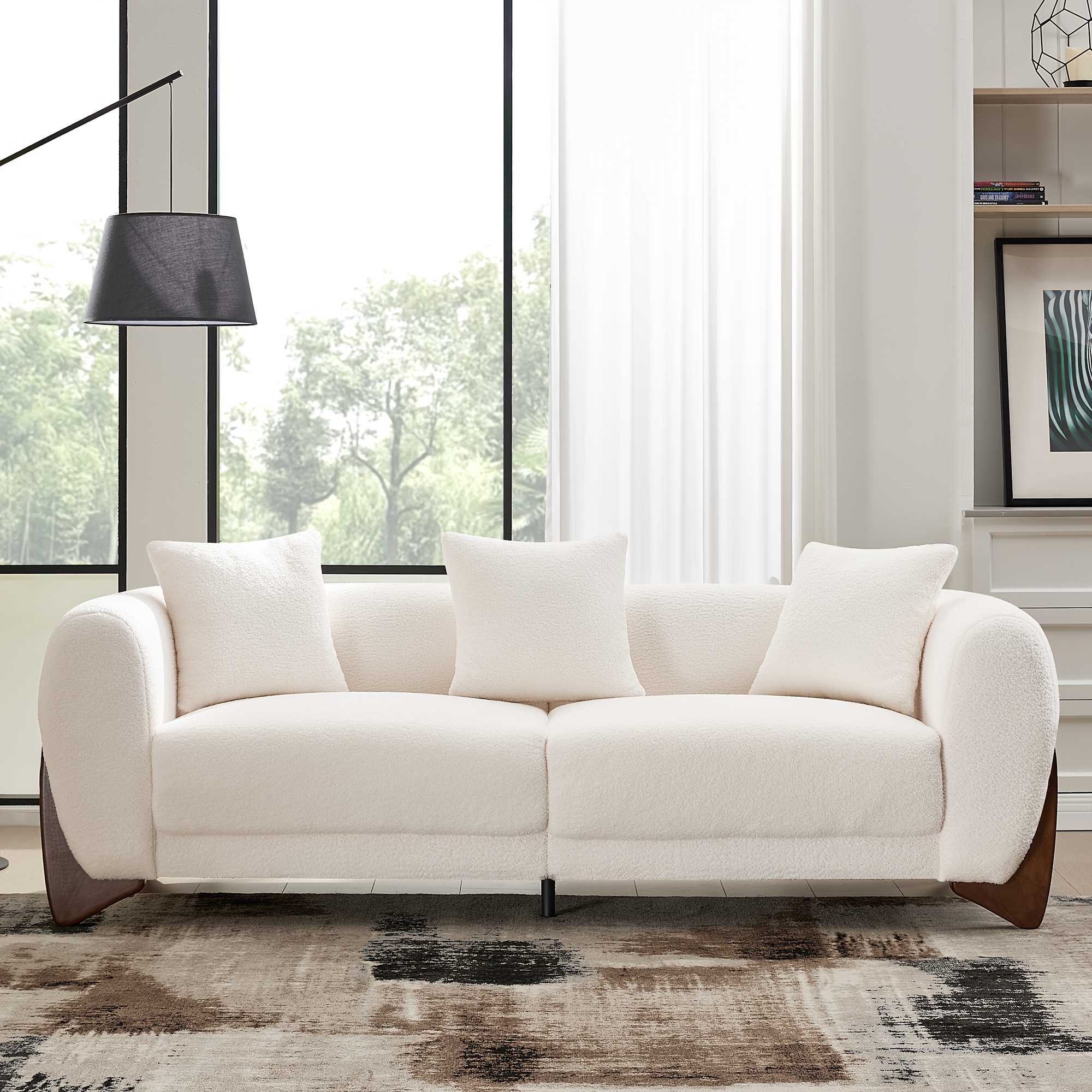 87inch Chenille fabric modern three-seater sofa, solid wood sofa legs, 25inch thickened seat cushions, comfortable and thickened soft padding, comes with 3 throw pillows, suitable for the living room, green