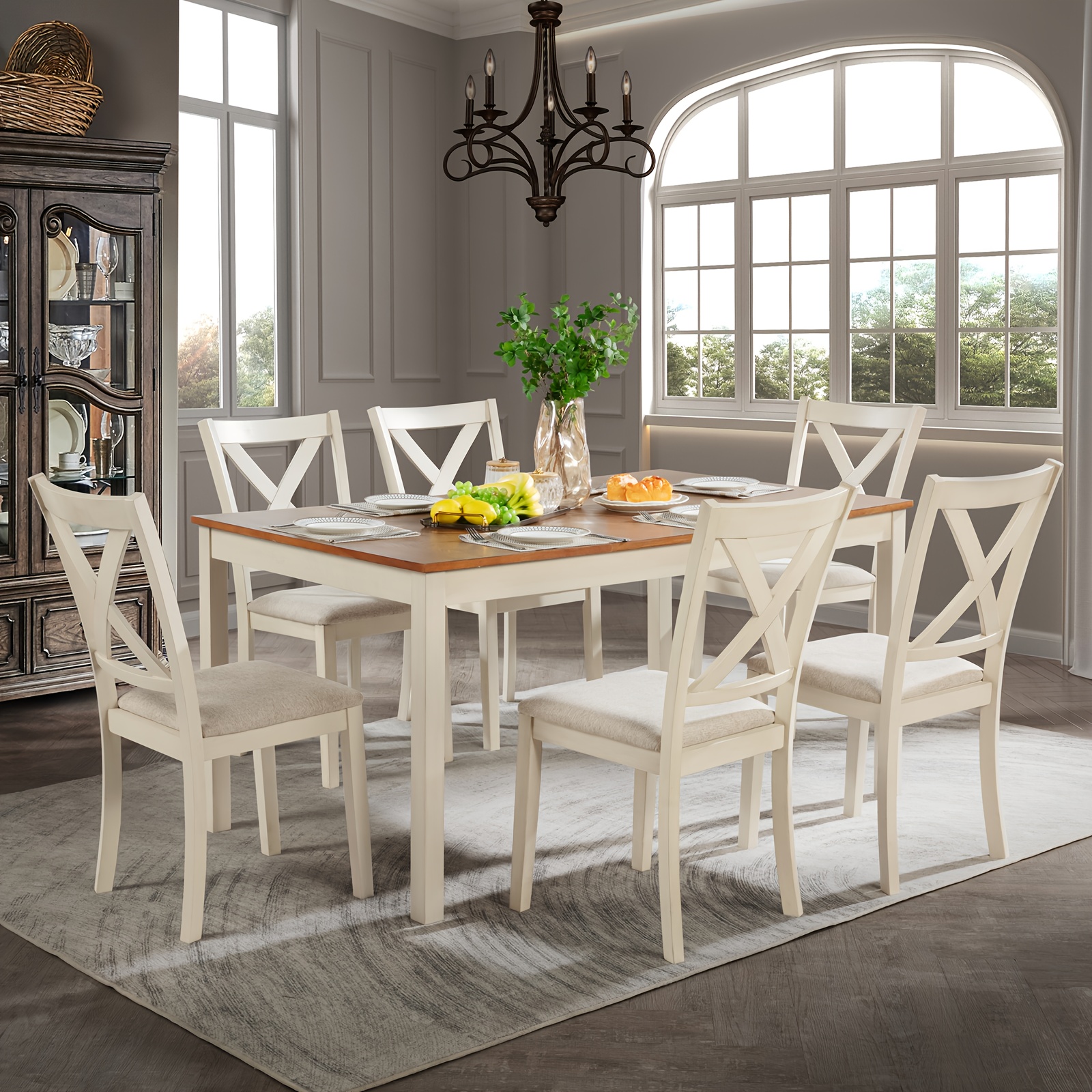 This 7-piece dining table set includes a 60inch solid wood dining table and six chairs with cushions, making it ideal for kitchen or dining room settings.