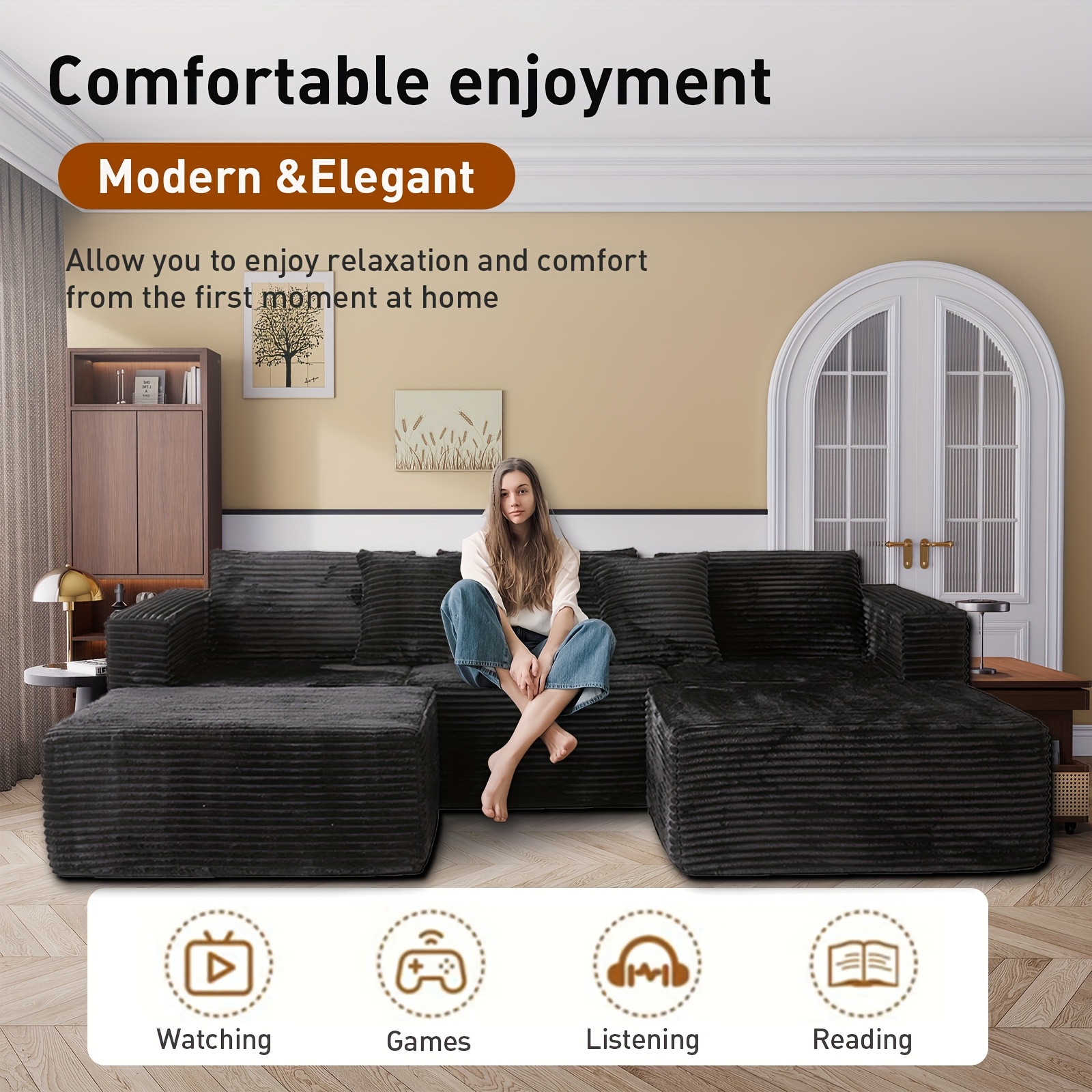 Multi-Seat Living Room Sofa with Corduroy Fabric - Soft and Comfortable Cushion Sectional Sofa 5-Piece Set, Modern Design Modular Sofa Bed with 2 Ottomans + Pillows for Living Room, Home Theater, Game Room - No Assembly Required