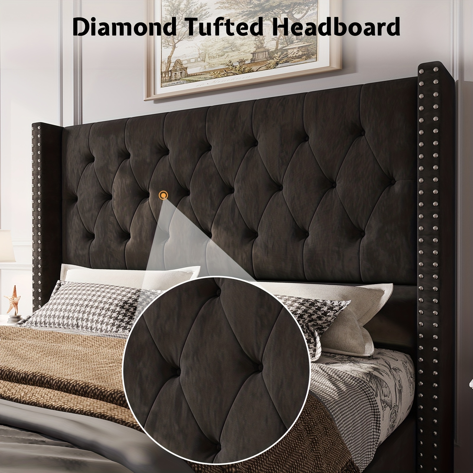 Papajet velvet headboard bed frame, with wing-style headboard, no box mattress required