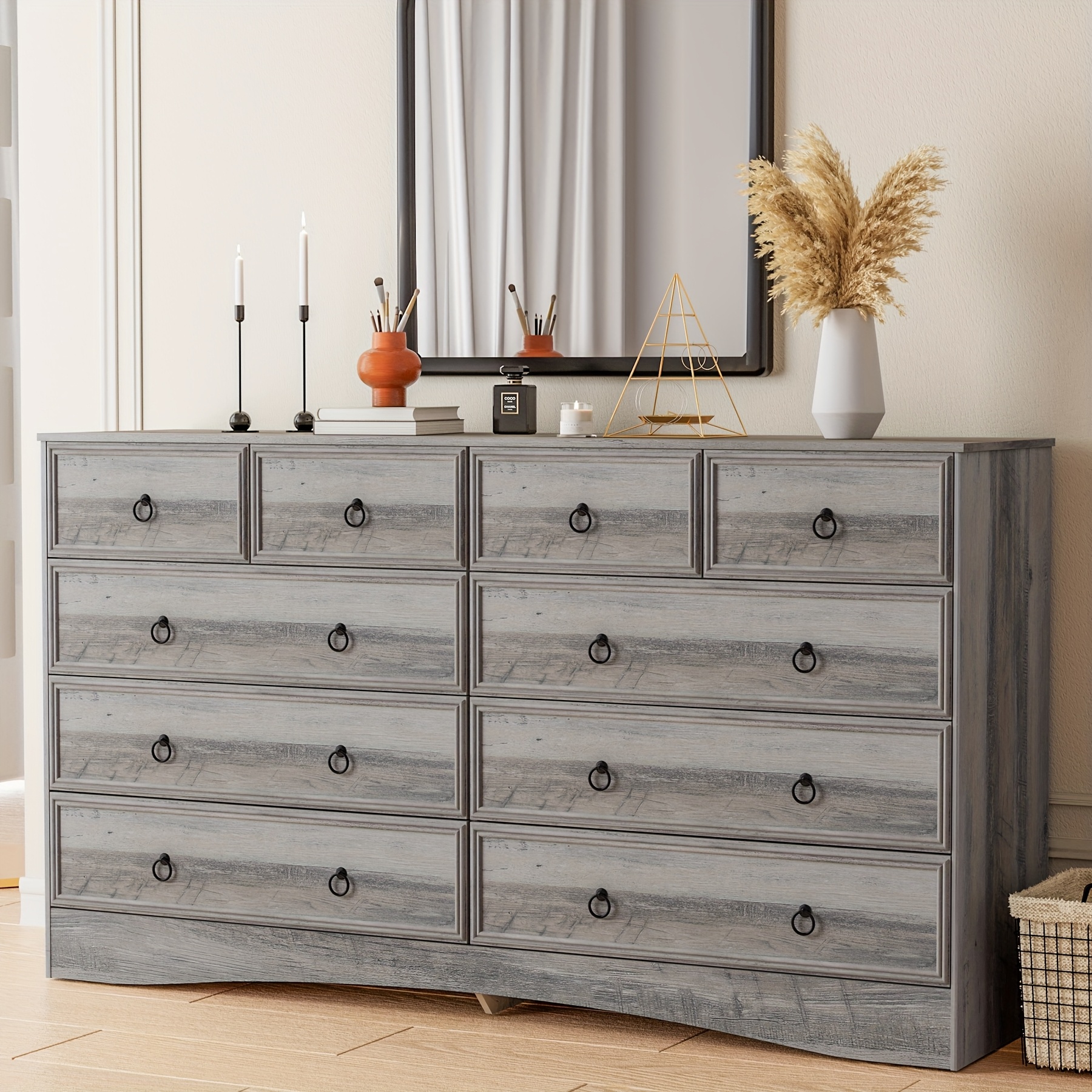 Bedroom gray/cherry wood dresser, 10-drawer dresser, modern large floor-standing storage cabinet with metal rails, vintage handle drawer cabinet, large-capacity vertical dresser, suitable for home and office