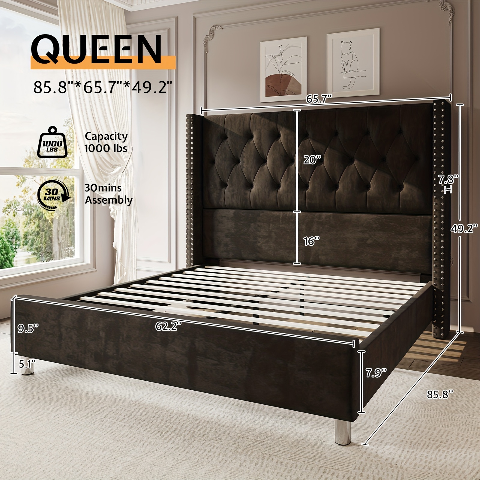 Papajet velvet headboard bed frame, with wing-style headboard, no box mattress required