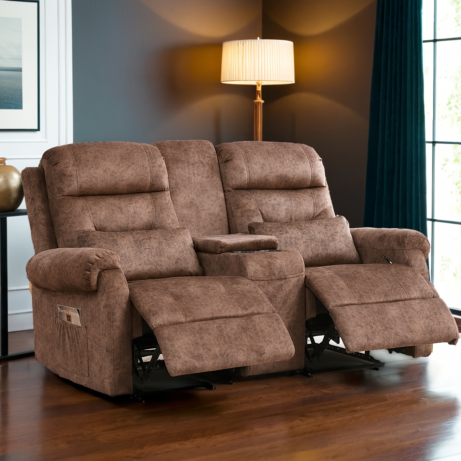VUYUYU Manual RV Love Seat Sofa Chair| Brown velvet cushion back sofa, with console, cup holder, pockets, suitable for living room and home theater seating, metal frame, modern style