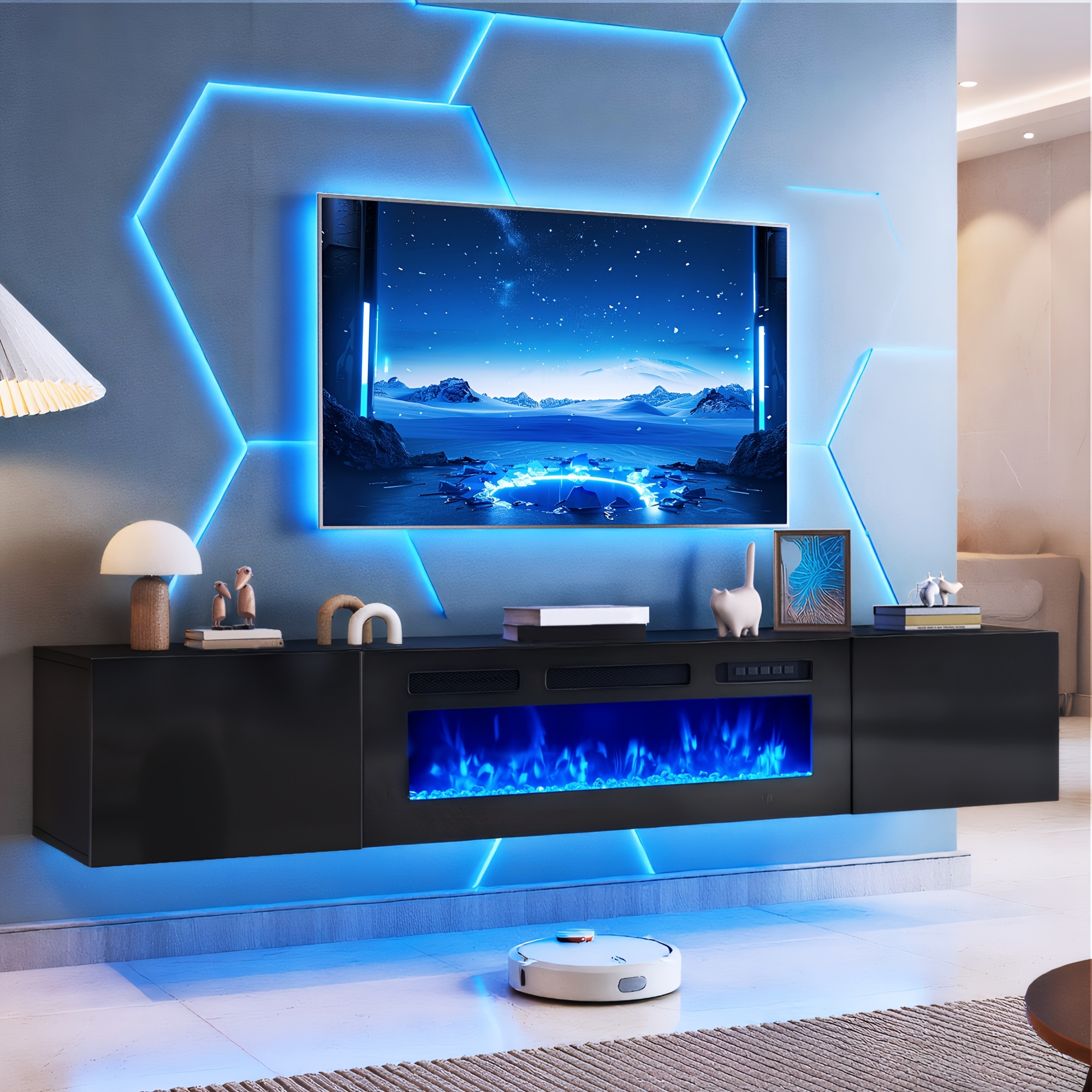 Wall-mounted TV cabinet with electric heater, living room storage fireplace entertainment center, wall-mounted fireplace TV cabinet